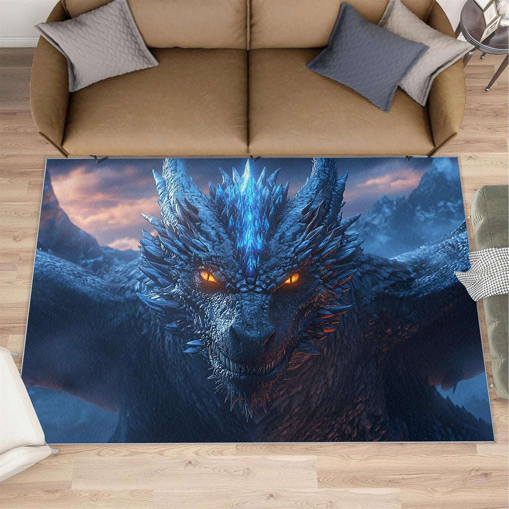Dragon Rugs for Bedroom, Blue Dragon Area Rug, Fantasy Animal Prints Rugs for Living Room, 6x8 Washable Rug Non Slip & Low Pile, Indoor Carpet & Home Decor