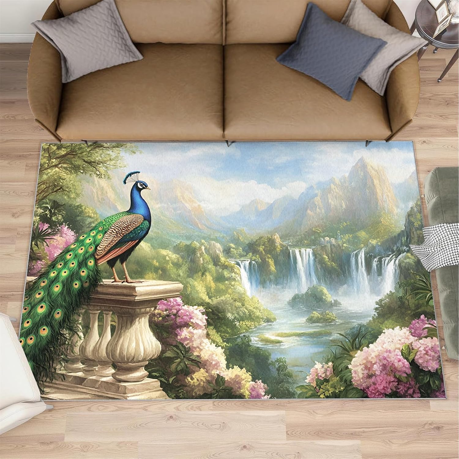 Peacock Rug 6x8-6x8 Rug, Forest Mountain Area Rugs for Living Room, Landscape Rugs for Bedroom, Floral Bird Carpet, Non-Slip Mat, Peacock Home Decor & Gifts