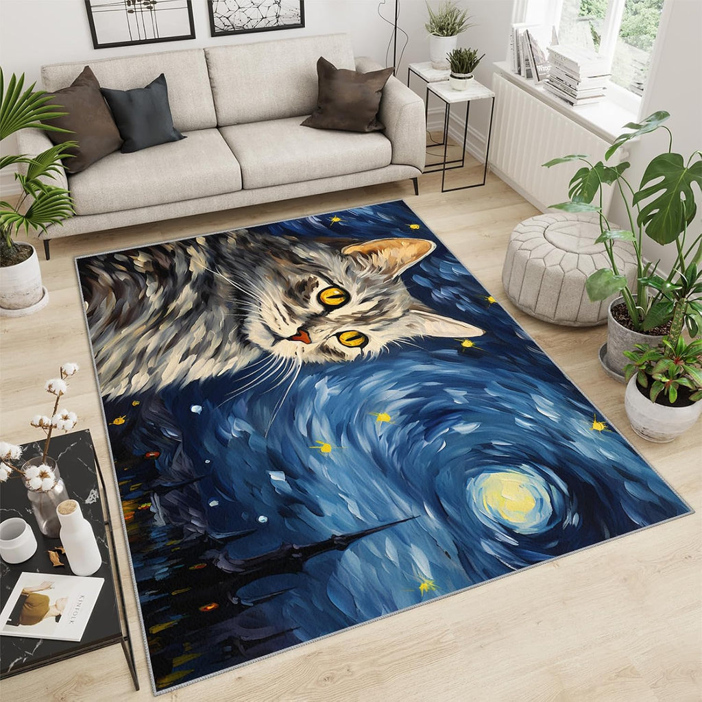 6x8 Area Rug - Starry Sky Pear Flower Cat Large Rugs for Living Room, Post-Impressionist Art Painting Carpet Area Rug for Girls Bedroom Kids Room Basement Office Classroom
