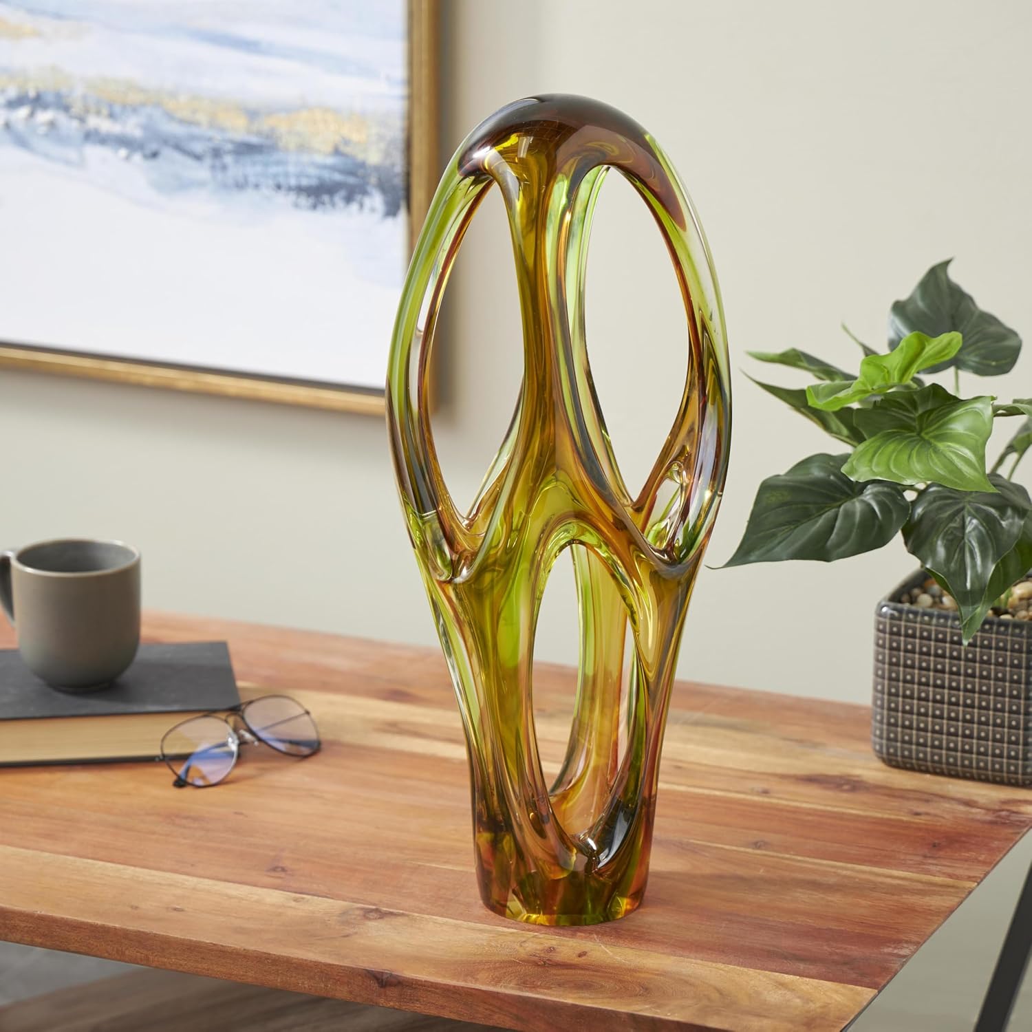 Deco 79 Glass Abstract Decorative Sculpture Ombre Cutout Home Decor Statue with Green Accents, Accent Figurine 6' x 9' x 21', Orange