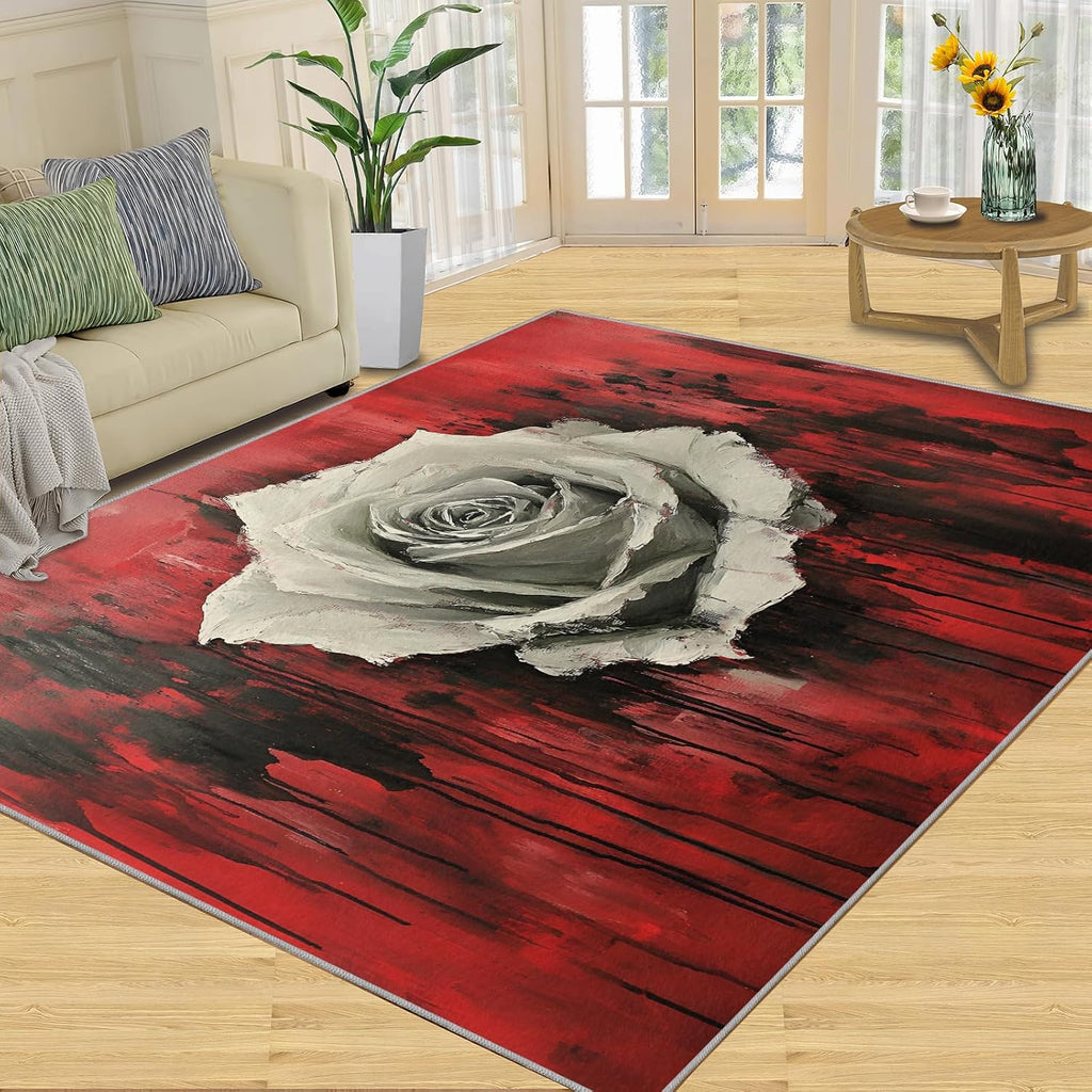 Rose Rug 6x8-6x8 Rug, Black and Red Rose Area Rugs for Living Room Bedroom, Abstract Area Rugs, Gothic Washable Carpet, Halloween Carpet, Floral Home Decor & Gifts