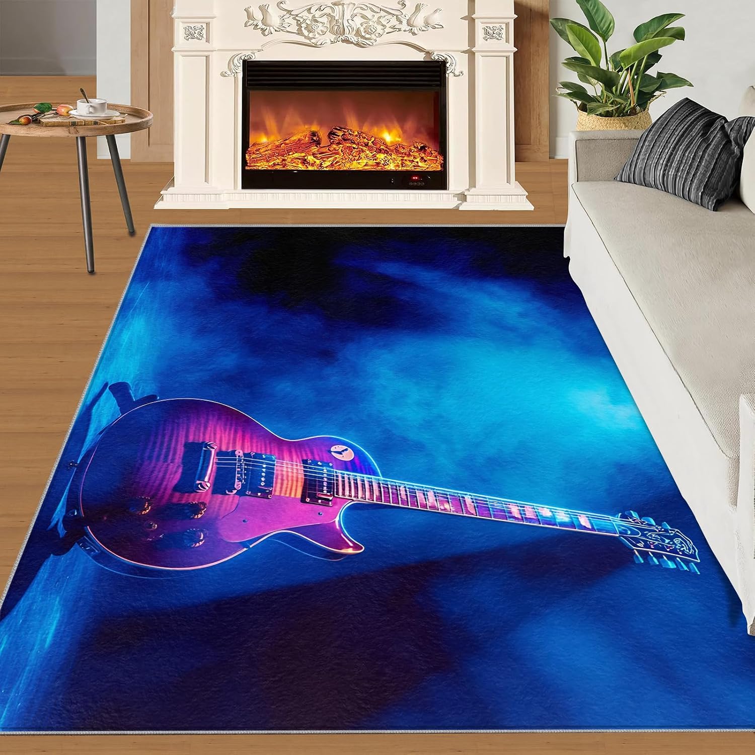 Guitar Rug 8x10, Music Area Rugs for Bedroom, Guitar Rugs for Boys Room, Low Pile Non Slip Carpet for Computer Game Room Dormitory