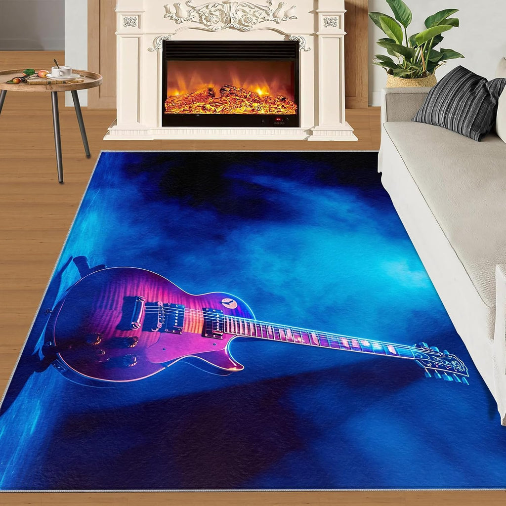 Guitar Rug 6x9, Music Area Rugs for Bedroom, Guitar Rugs for Boys Room, Low Pile Non Slip Carpet for Computer Game Room Dormitory