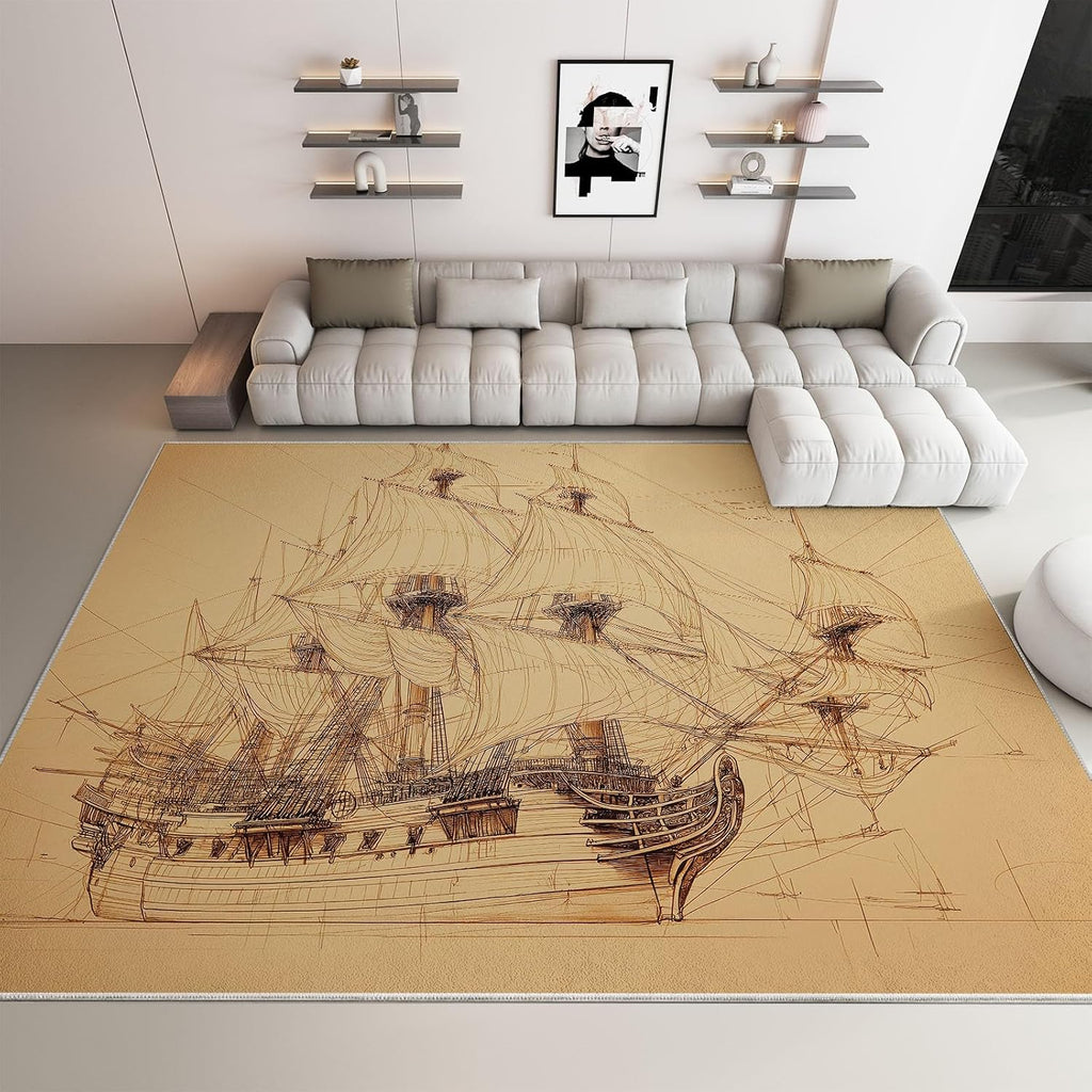 Machine Washable Ocean Sailboat Stripes Area Rugs 5' x 7', Non-Slip Vintage Large Area Rugs Stain Resistant Print Carpet for Home Decor, Kid Pet Friendly Mat