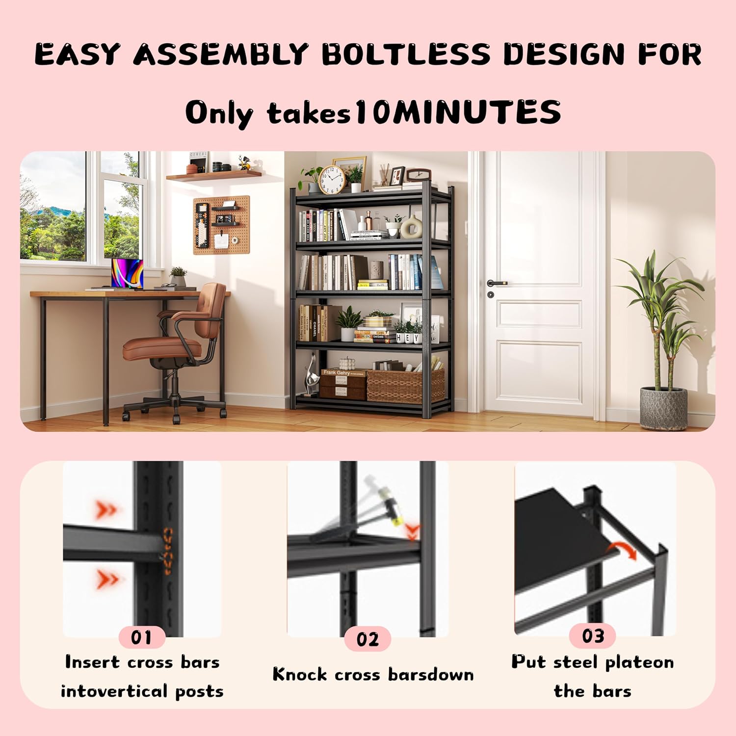 45' W*77' H Book Shelf，6 Tier Metal Wide Bookshelf，Heavy Duty Book Shelfs，Adjustable Shelving Unit，Tall Bookcase，Industrial Bookshelf for Living Room，Bedroom，Office and Library