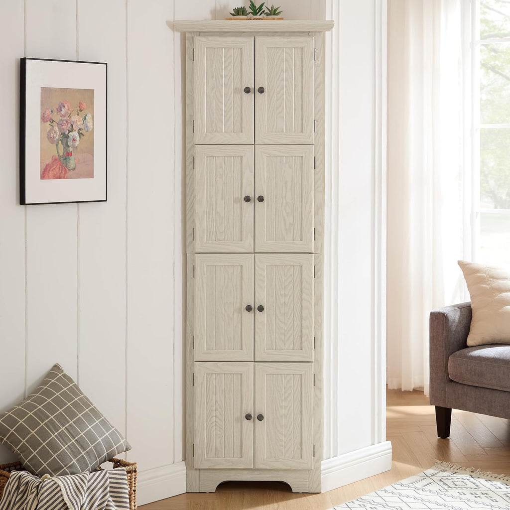 72' Sturdy Freestanding Storage Cabinet, Kitchen Storage Bakers Rack with Tiered Shelves, Utility Food Cupboard with Spacious Doors for Kitchen, Bathroom, Living Room, White