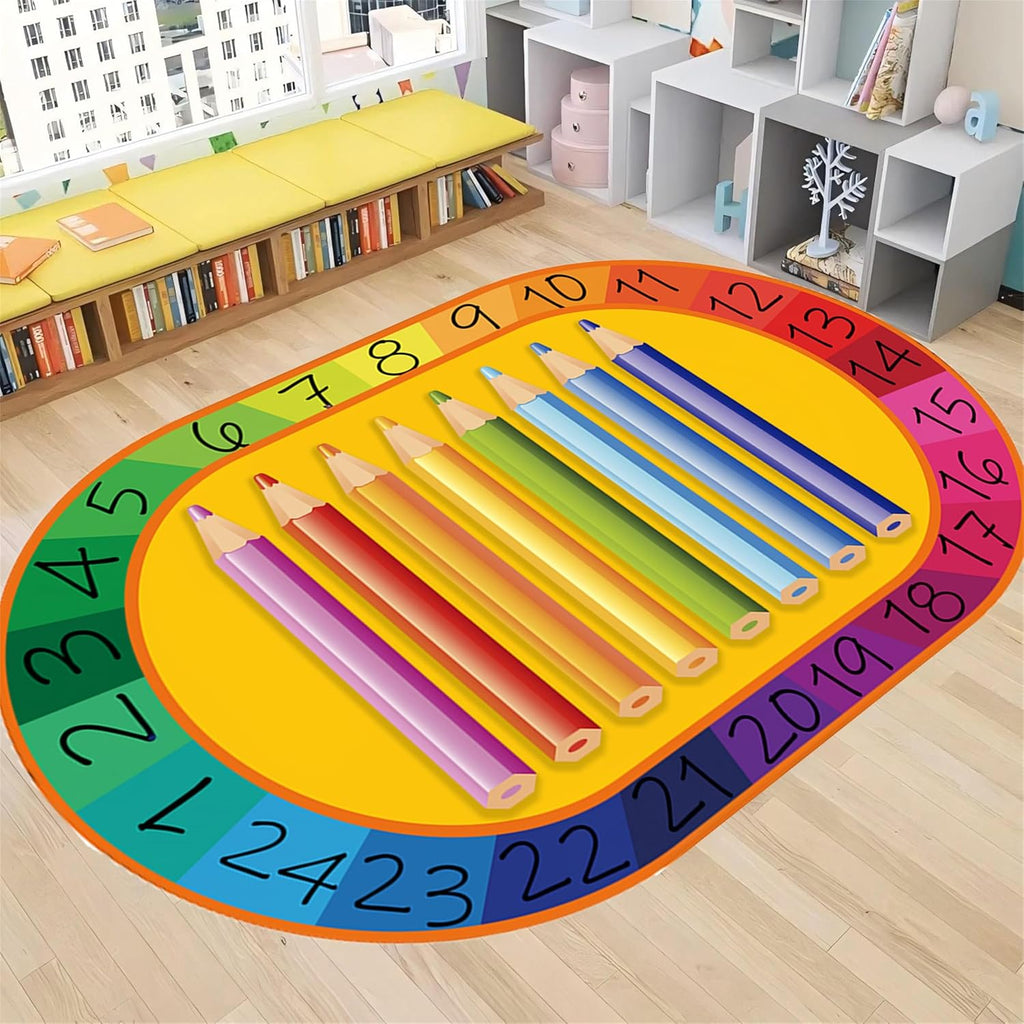 Children's Play Area Rug,6x8ft,Colored Pencil Puzzle Fun Classroom Rug, Learning Numbers Soft and Comfortable Children's Rug, Non-Slip Washable Children's Room Rug, Classroom Playroom Decoration