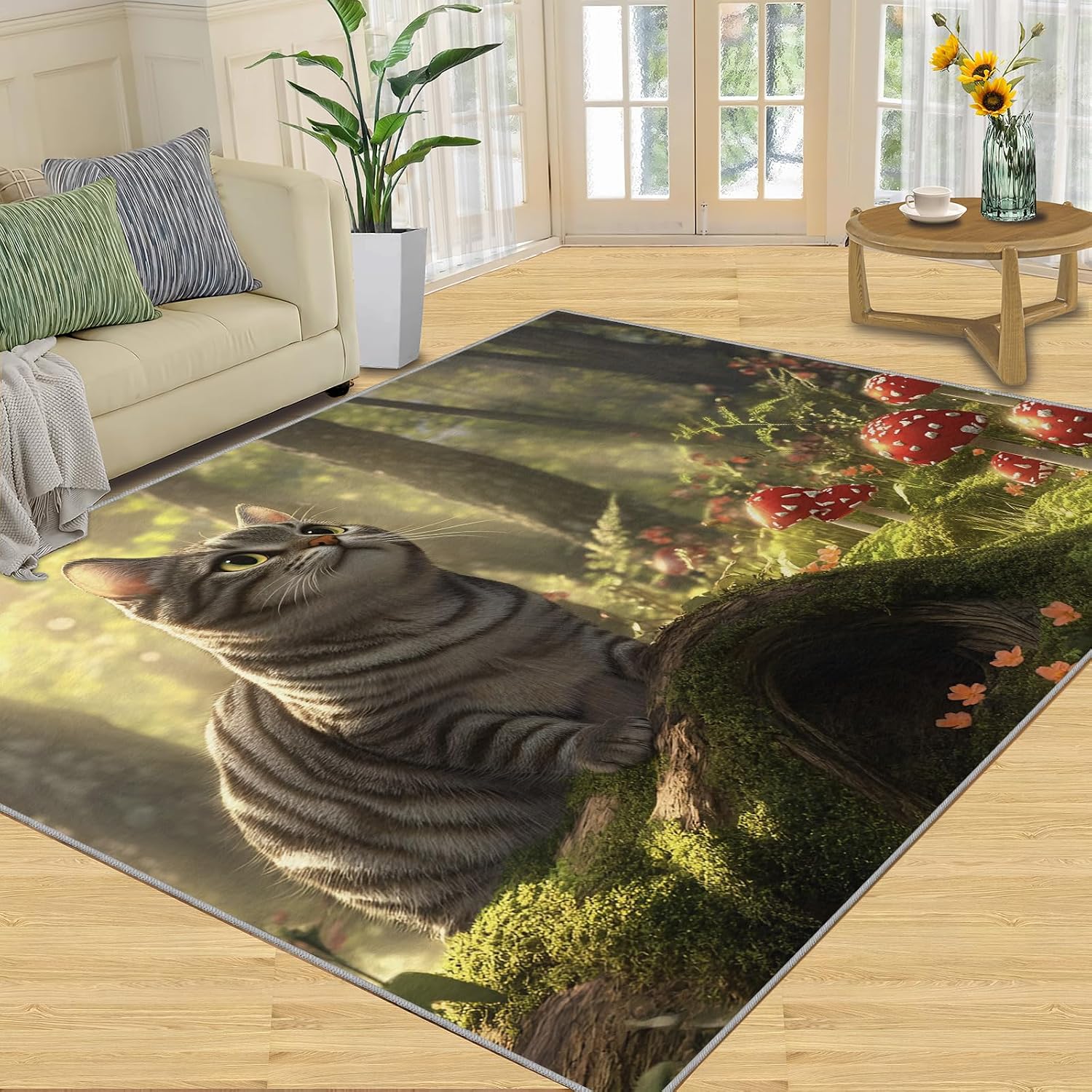 Cat Rug 6x8-6x8 Rug, Mushroom Area Rugs for Bedroom, Nature Landscape Rugs for Living Room, Forest Washable Carpet, Cat Home Decor & Gifts