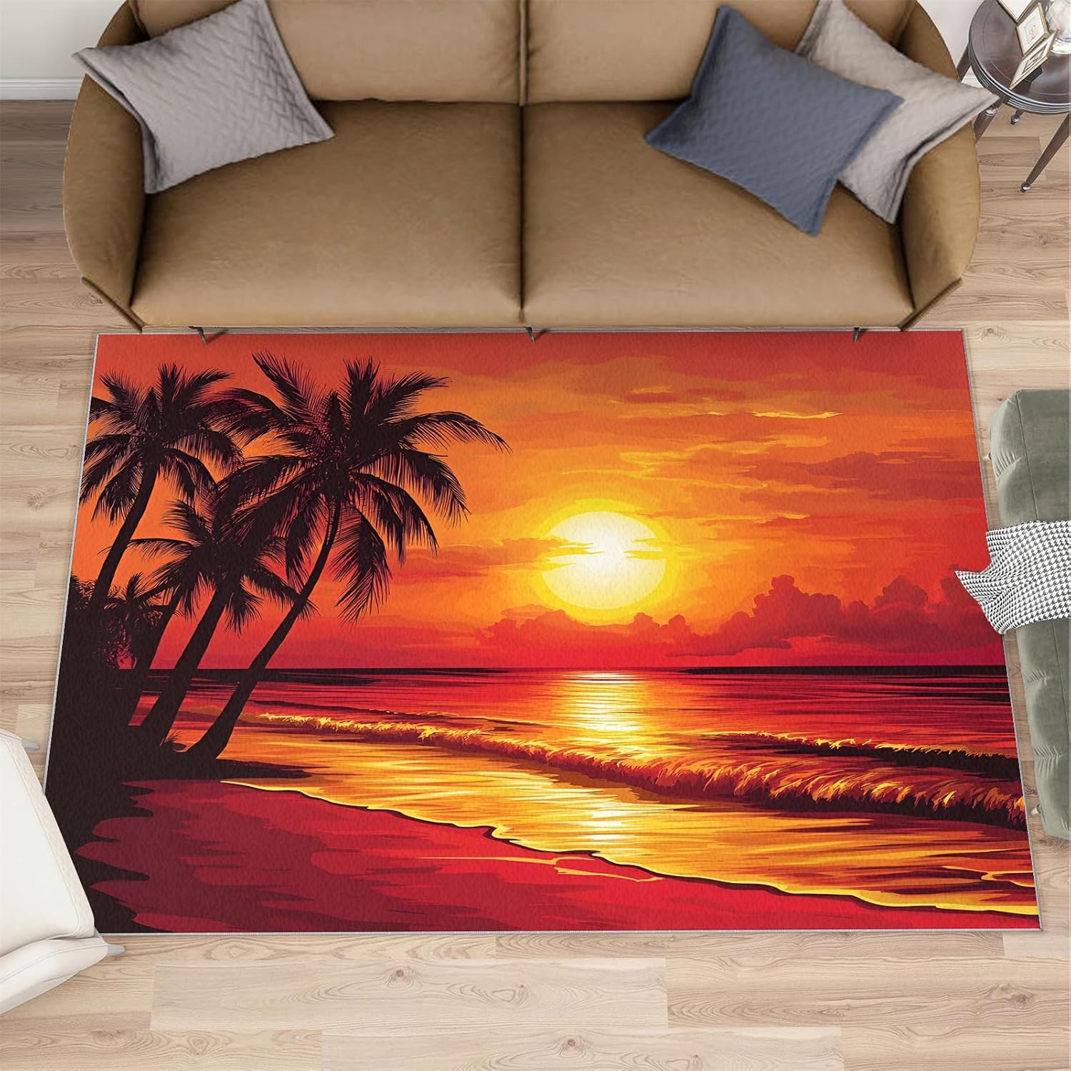 Beach Area Rug 6x8, Ocean Theme Rugs for Bedroom, Sunset Scenery Rugs for Boys Room, Low Pile Non Slip Carpet for Computer Game Room Dormitory
