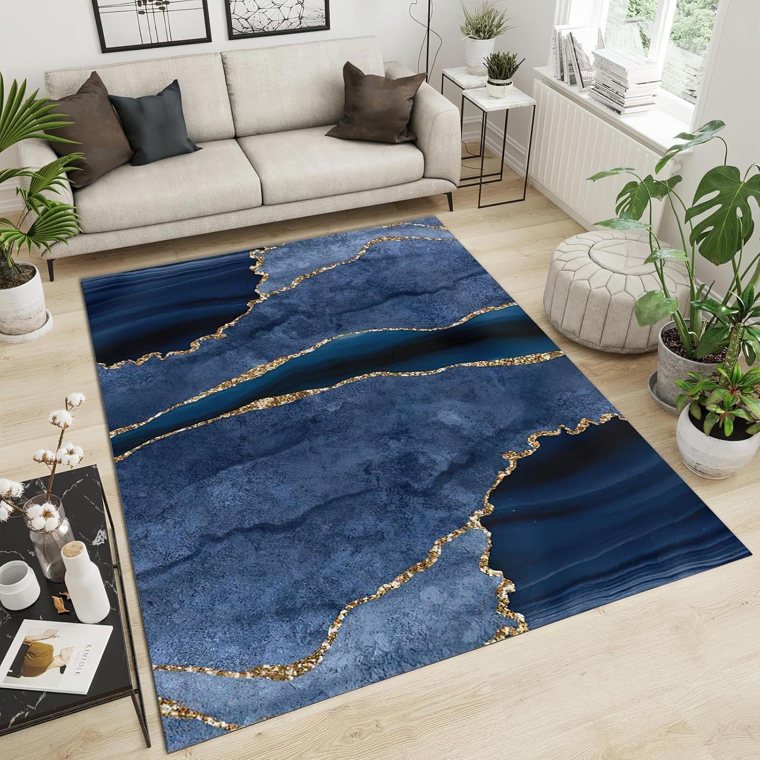 6x8 Rug Luxury Dark Blue Marble Soft Washable Carpet, Abstract Gold Line Texture Upholstery Rug with Non-Slip Backing for Kids Boys Girls Bedroom Living Room Dining Room Study