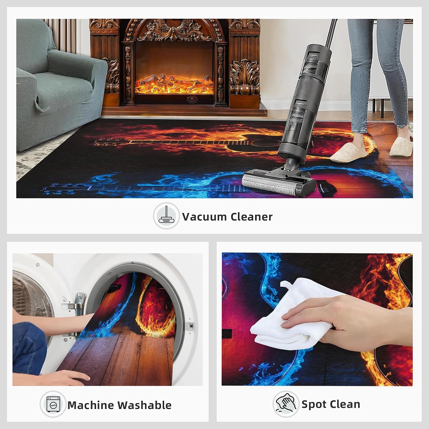 Guitar Rug for Bedroom 6x8 Rug Fire Water Guitar Rugs, Rock Music Themed Home Decor, Non Slip Washable Large Rugs, Instruments Print Carpet for Boys and Girls Teen Playroom