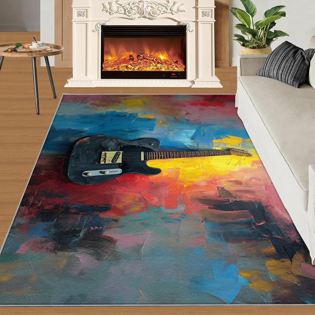Guitar Rugs for Music Room - Boys Musical Rug, 6x8 Rug, Music Washable Rugs for Living Room Bedroom, Abstract Graffiti Area Rug, Rock and Roll Carpet - Home Decor, Electric Guitars Gifts for Men