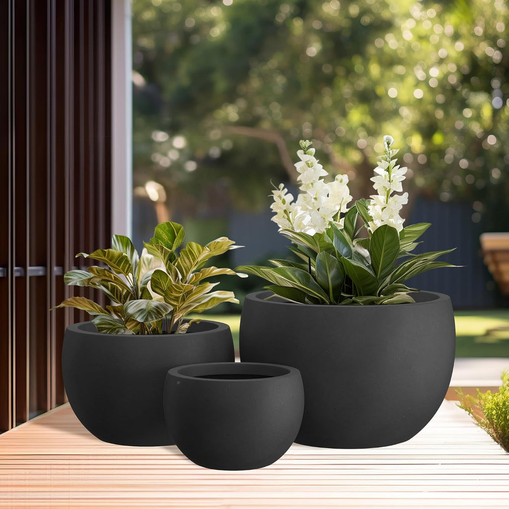 Kante 19.9',15.7',11.8' Dia Round Concrete Planter Set of 3, Outdoor/Indoor Large Bowl Plant Pots with Drainage Hole and Rubber Plug for Garden Patio Balcony Home, Black