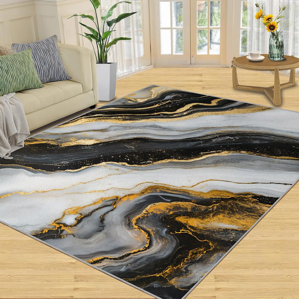 Marble Area Rug 6x8 - Black White Marble Large Rugs for Living Room, Abstract Luxury Carpet Area Rug for Girls Bedroom Kids Room Basement Office Classroom