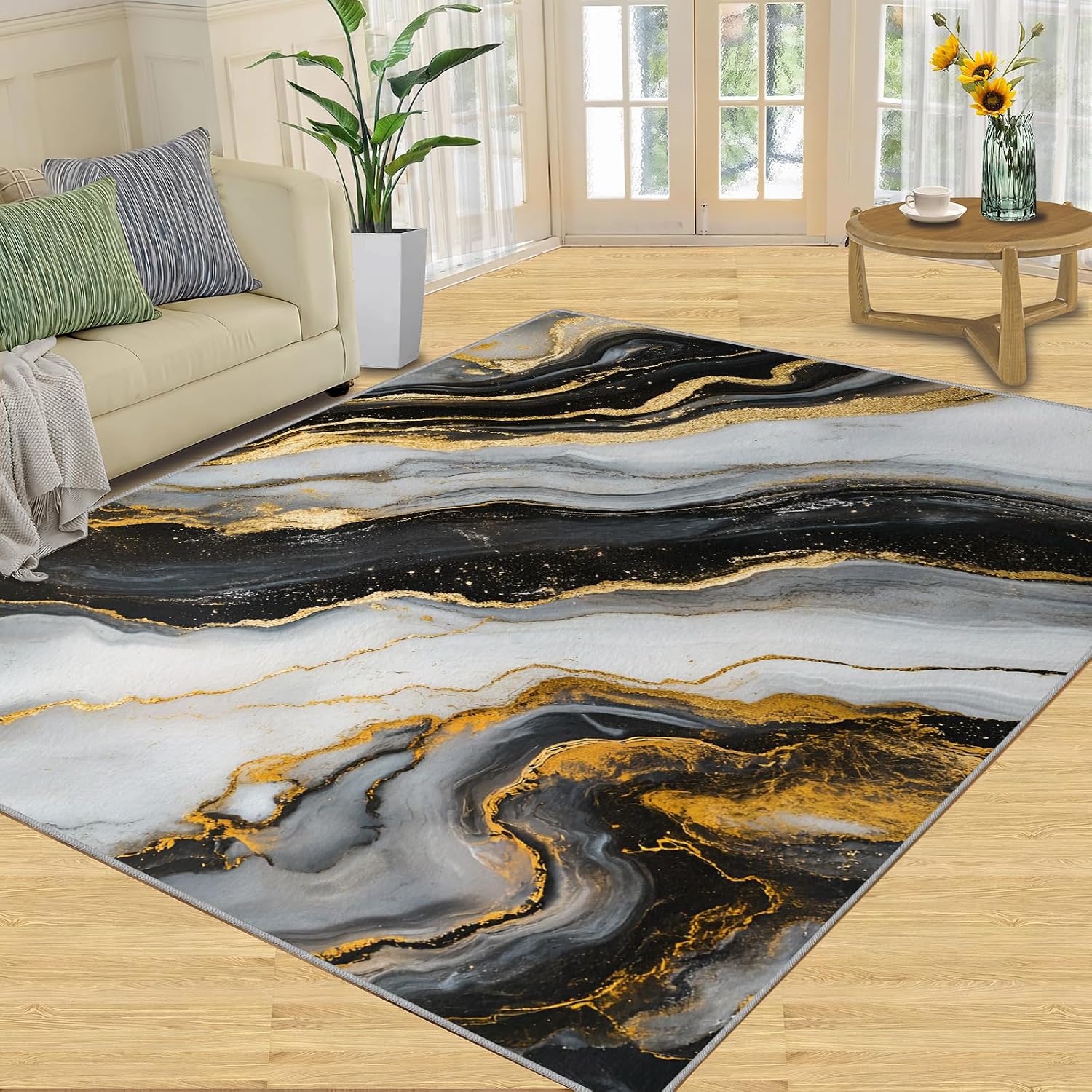Marble Area Rug 6x8 - Black White Marble Large Rugs for Living Room, Abstract Luxury Carpet Area Rug for Girls Bedroom Kids Room Basement Office Classroom
