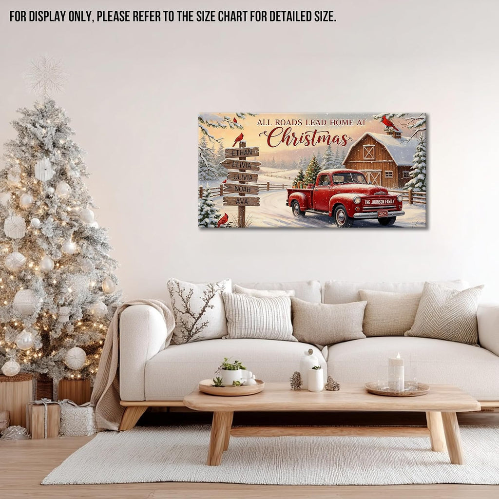 GUTTATY Personalized Christmas Canvas Wall Art, Customized Holiday Canvas Prints with Family Name and Signposts, Rustic Red Truck Winter Farm Scene Wall Decor Poster for Living Room, 30x60 Inch