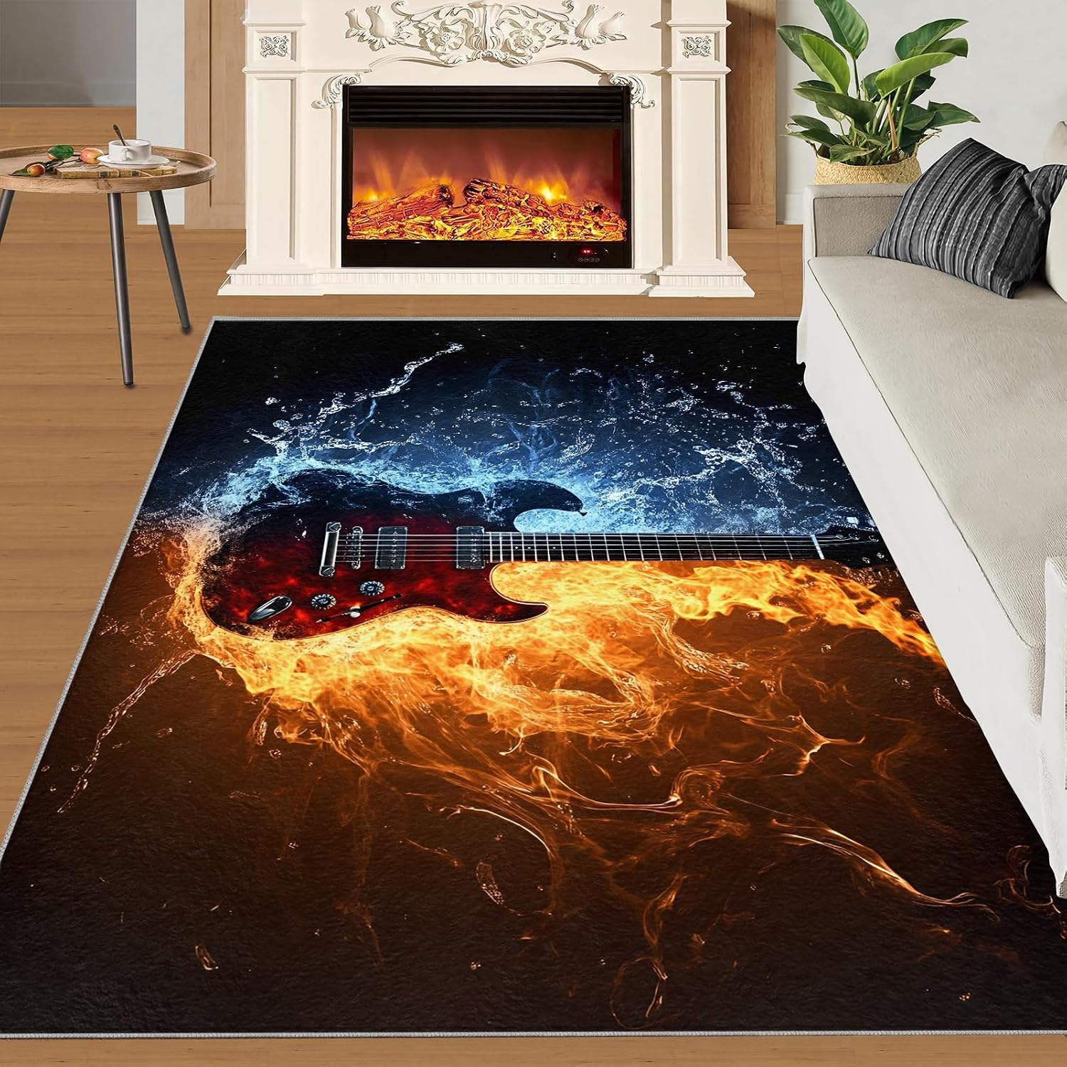 Music Rug, Electric Guitar Washable Rug, Boys Rugs for Living Room, Low Pile & Non Slip, Indoor Carpet, 7x10 Area Rugs & Bedroom Decor
