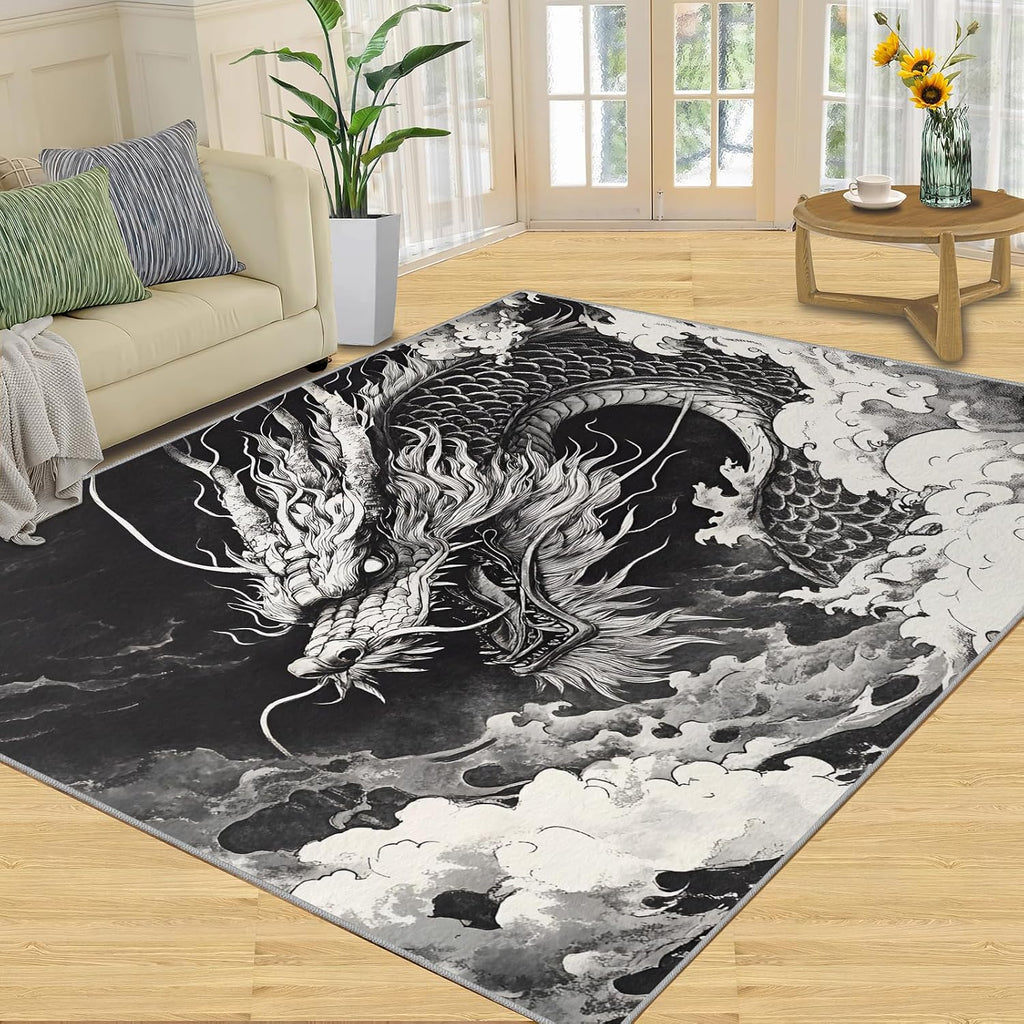 Dragon Rugs for Bedroom, China Dragon Rug 6x8, Fantasy Creature Dining Room Rugs Washable & Non Slip Large Carpet for Home Decor