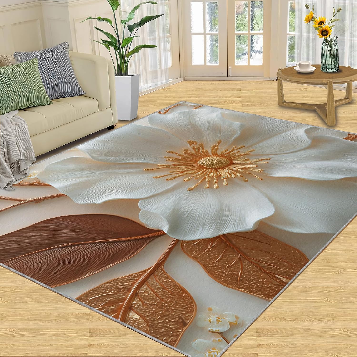 3D Florals Rugs for Bedroom, Flowers Rug 6x8, Flowers Dining Room Rugs Washable & Non Slip Large Carpet for Home Decor
