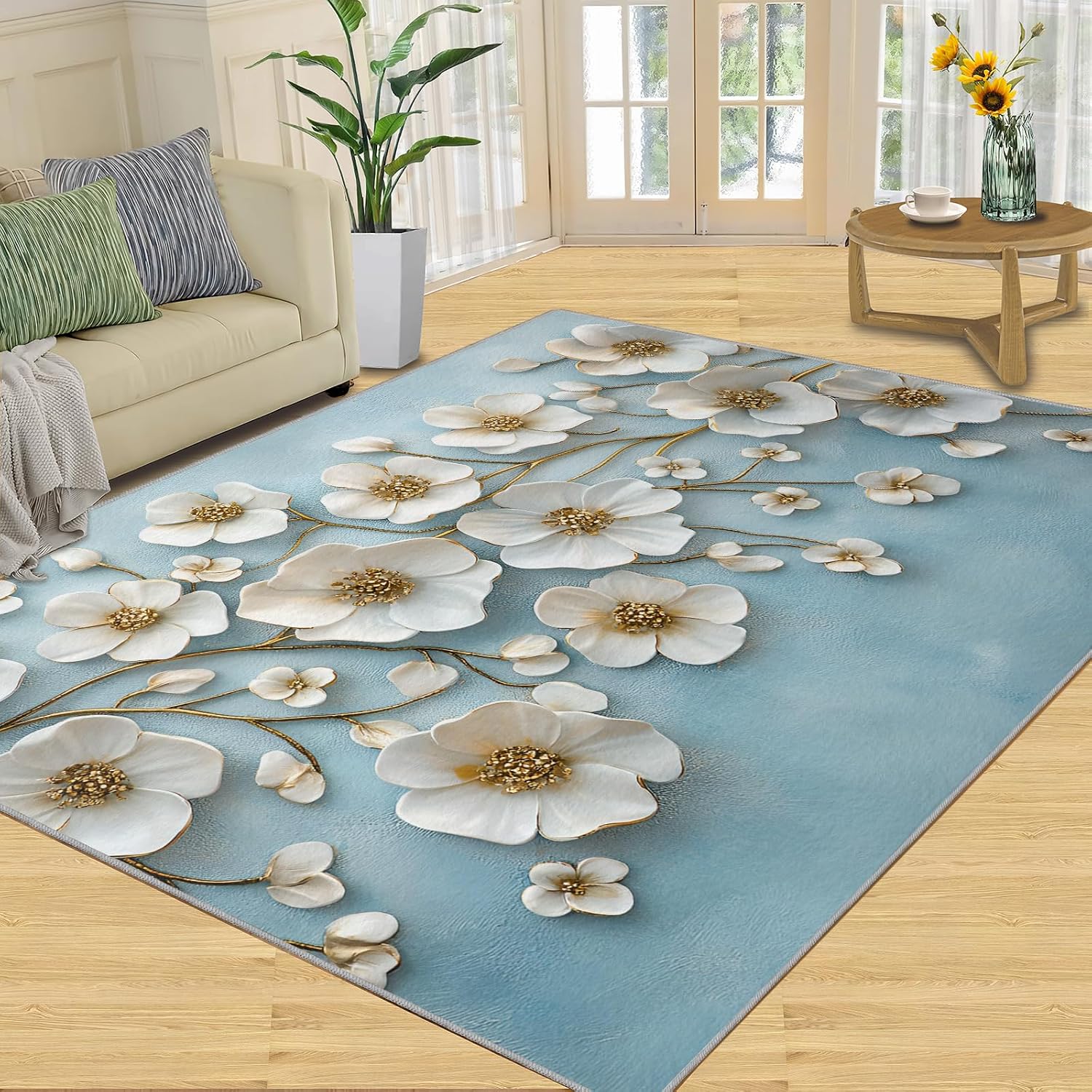 Florals Relief Area Rug 6x8 - White Florals Large Rugs for Living Room, Simple Flowers Carpet Area Rug for Girls Bedroom Kids Room Basement Office Classroom