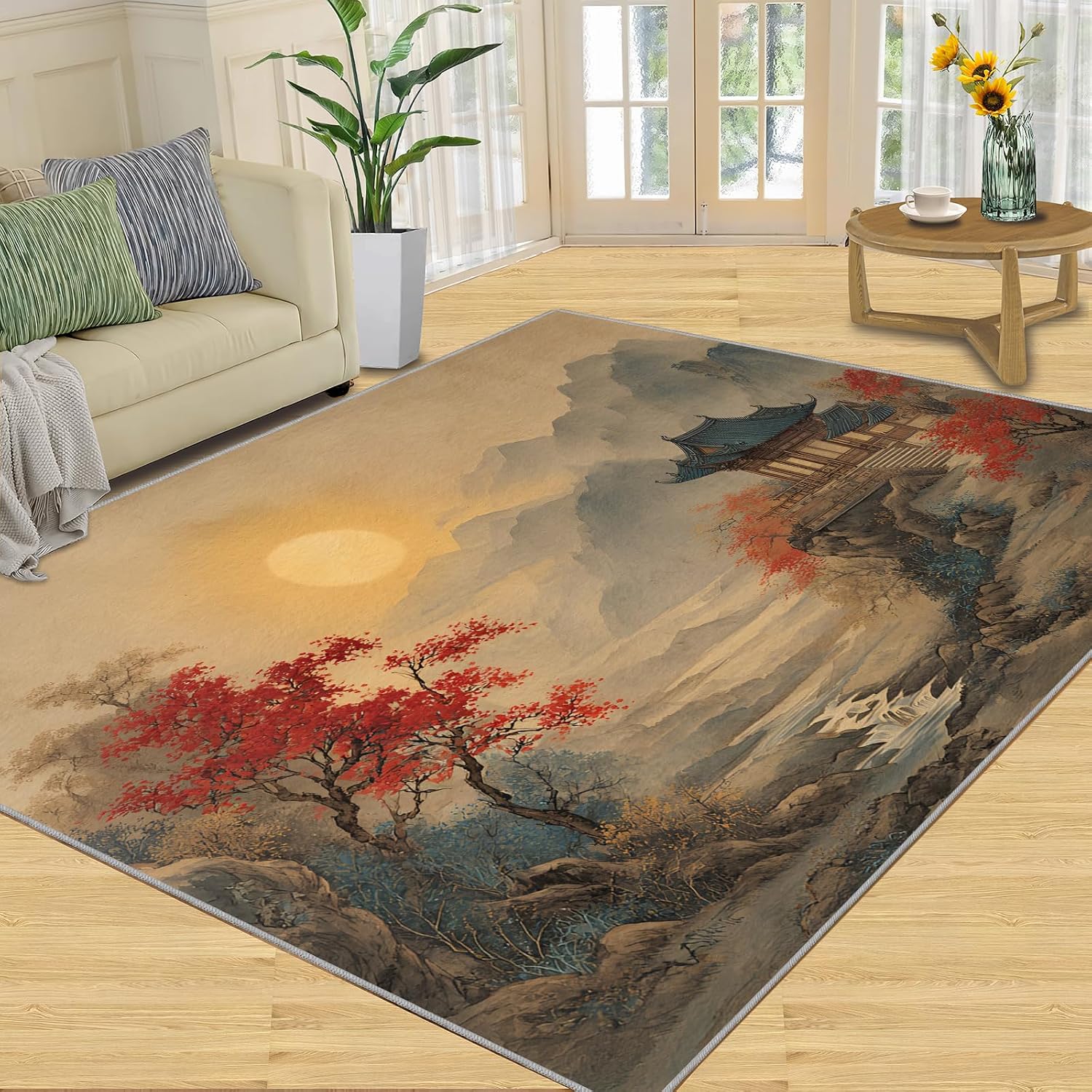 Chinese Rugs for Bedroom, Landscape Rug 6x8, Oriental Ink Painting Dining Room Rugs Washable & Non Slip Large Carpet for Home Decor