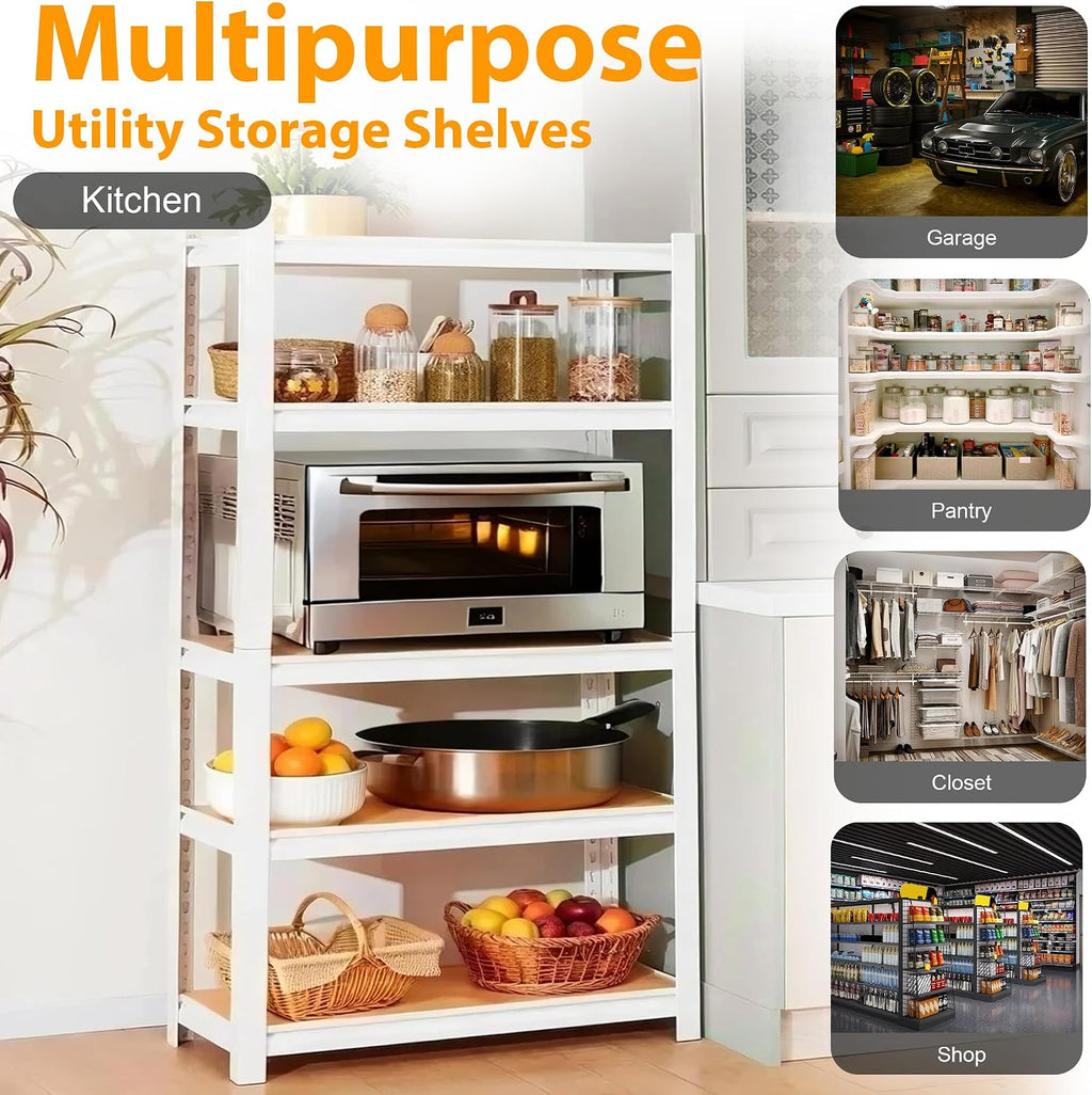 5 Tier White Storage Shelves - Adjustable Pantry Shelves Metal Closet Shelf, Heavy Duty Shelving Unit Utility Rack Organizer for Kitchen Closet Pantry Garage, 28' W x 12' D x 59' H, Set of 2