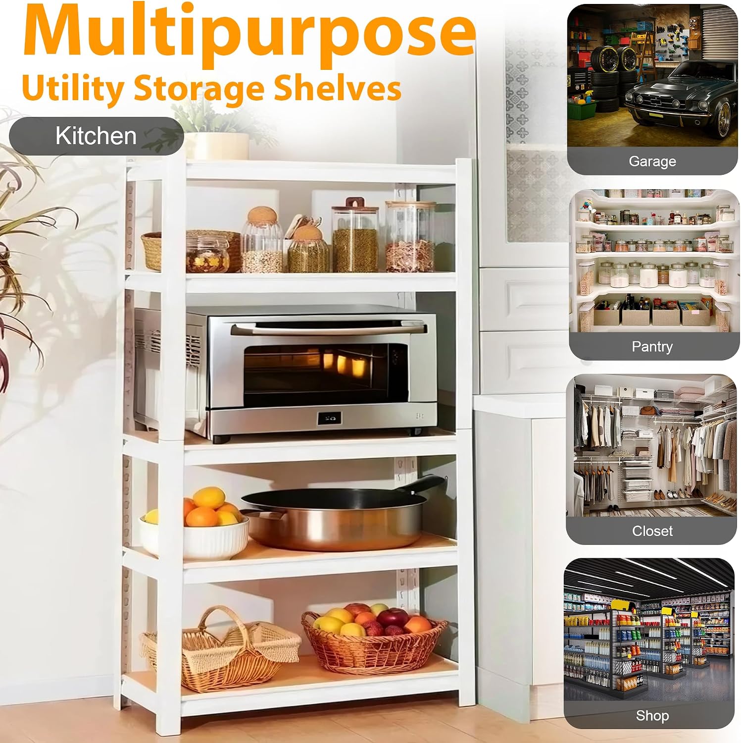 5 Tier White Storage Shelves - Adjustable Pantry Shelves Metal Closet Shelf, Heavy Duty Shelving Unit Utility Rack Organizer for Kitchen Closet Pantry Garage, 28' W x 12' D x 59' H, Set of 2