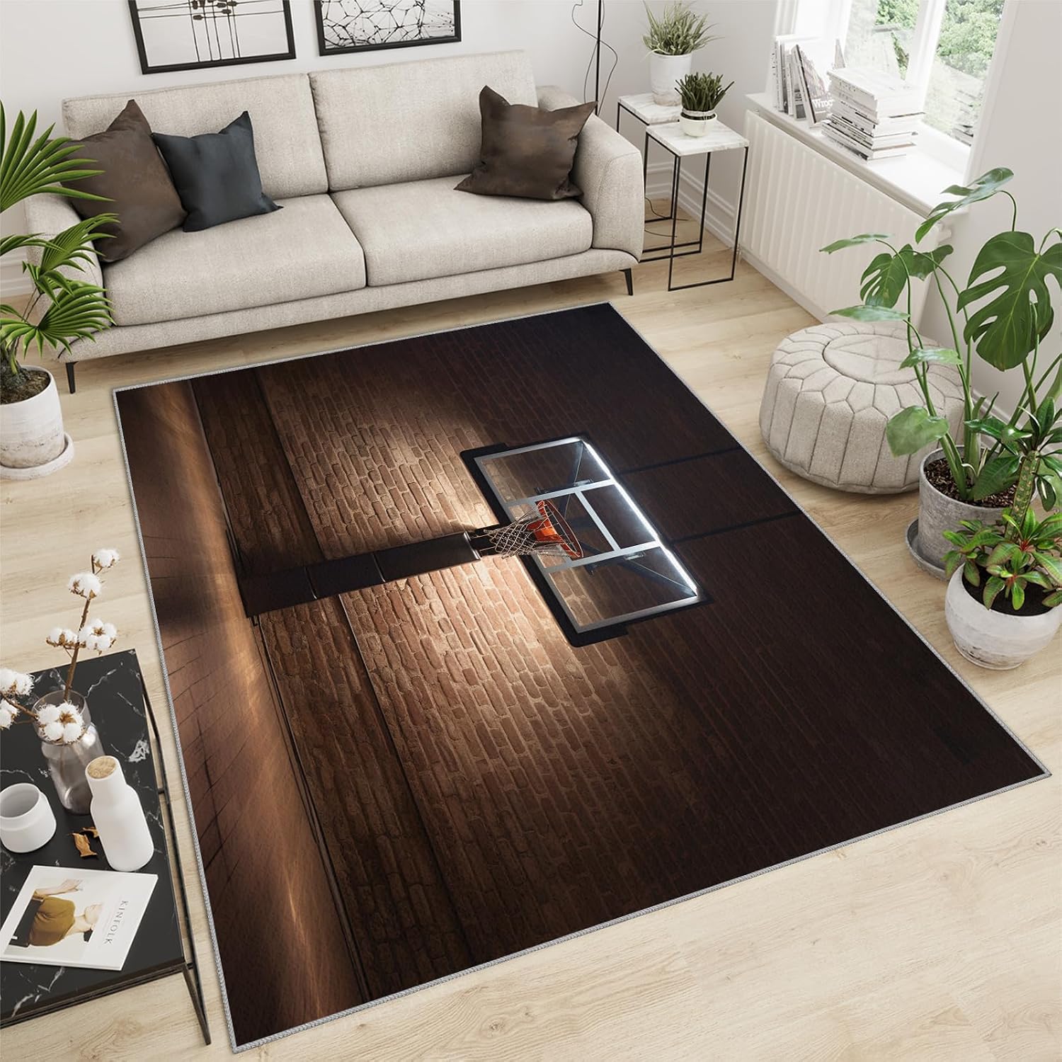Area Rug 6x8ft, Basketball Court Rug, Basketball Sports Theme Living Room Rugs, Ultra Soft Non Slip Machine Washable Easy Care Carpet for Bedroom Study Office Apartment Room