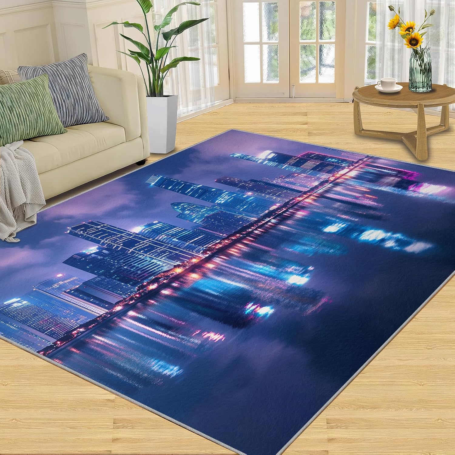 Futuristic Rugs for Living Room 6x8 Rug, Sci-Fi City Area Rug, City Night Scene Rugs, Large Machine Washable Rug, Non-Slip Floor Carpet for Bedroom Kids Room Home Decor