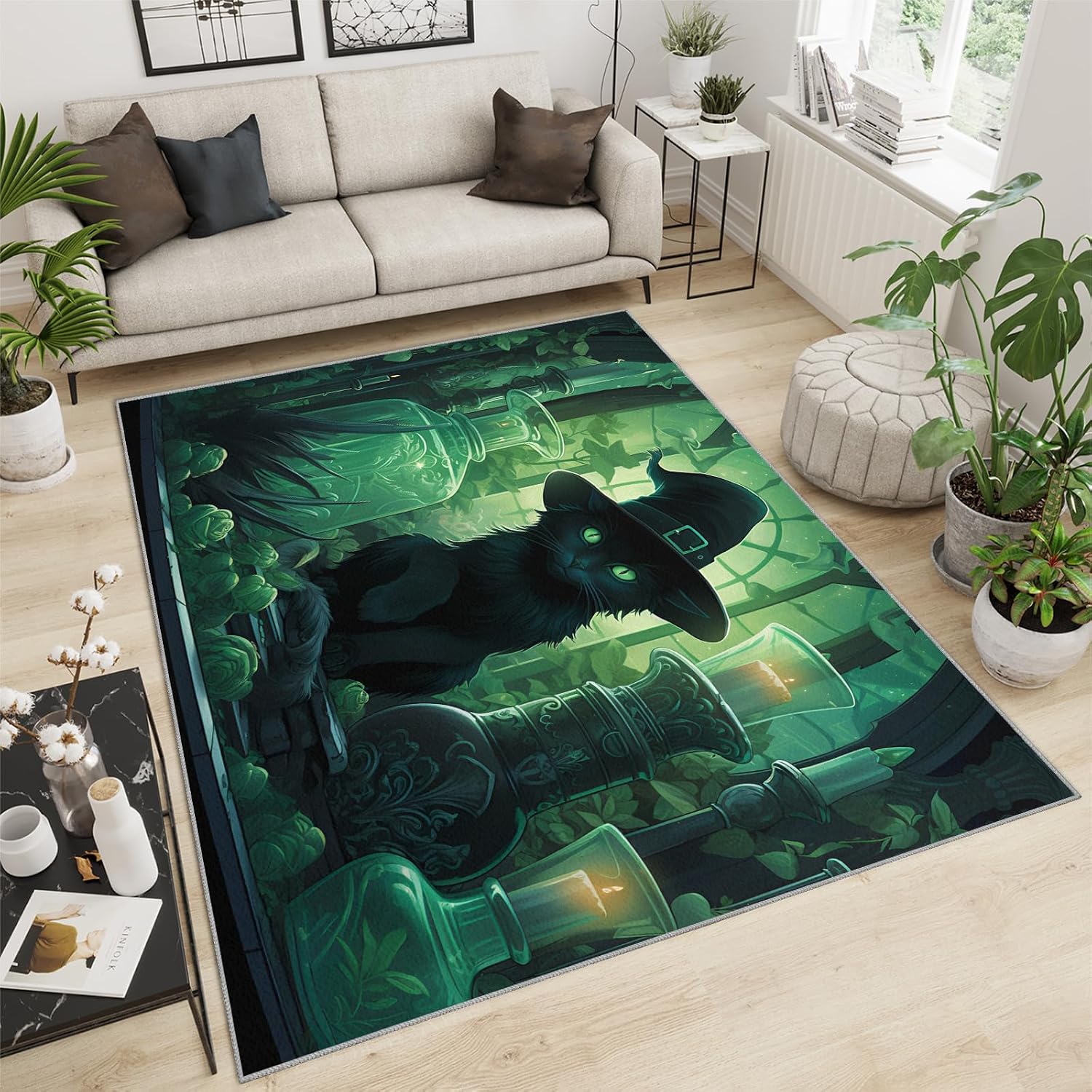 Black Cat in The Forest Rug for Kids Room - 6x8 Large Rug, Magic Witch Cat Rugs for Bedroom Fantasy Forest Area Rugs for Living Room Home Decor Washable Rug