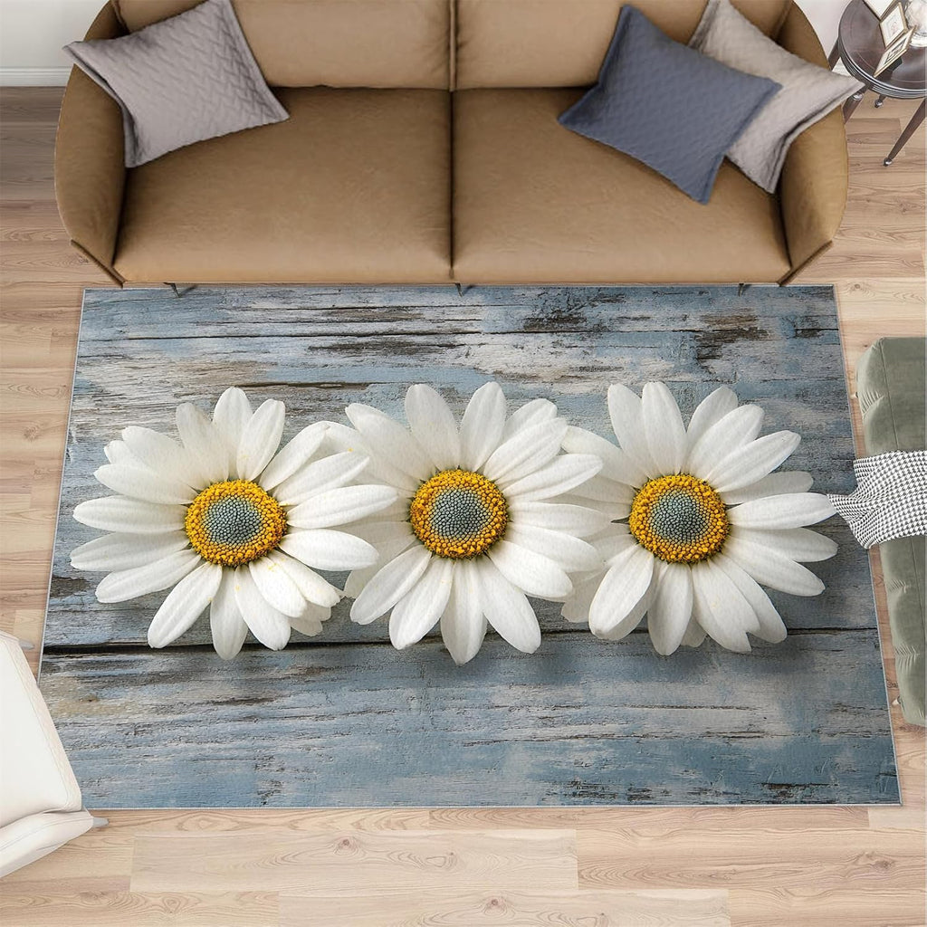 Daisy Rugs for Girls Room, Wooden Board Background Area Rug, Washable Bedroom Rug for Living Room Study Office Decor Floor Mat 6x8