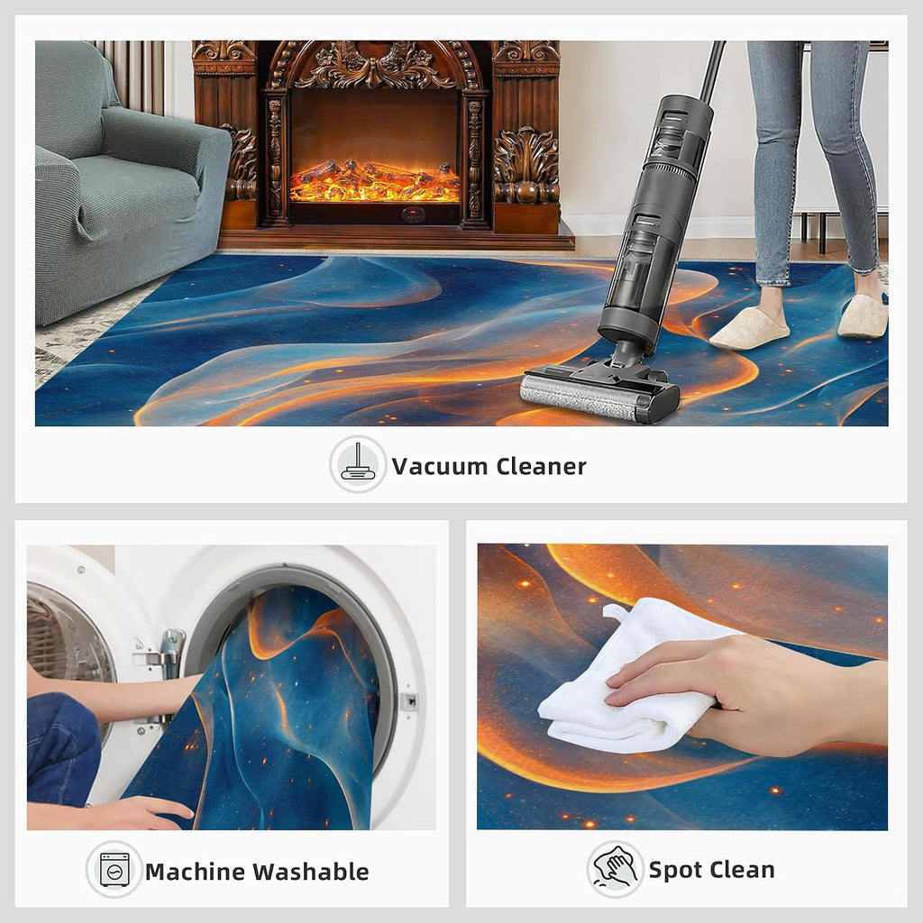 Washable Rugs Blue Rug & Home Decor, Golden Area Rug 6x9, Non Slip & Low Pile Carpet, Abstract Rugs for Bedroom Living Room