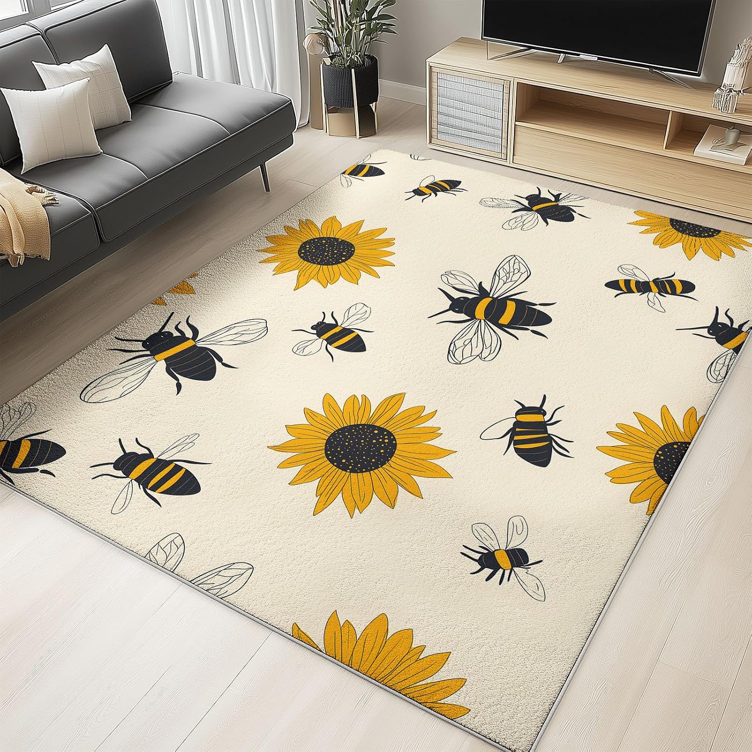 Minimal Sunflower and Bee, Machine Washable Area Rugs Perfect for high Traffic Areas of Your Living Room,Bedroom,Home Office,Kitchen Area Rug 6 x 8 ft Multicolor Carpet