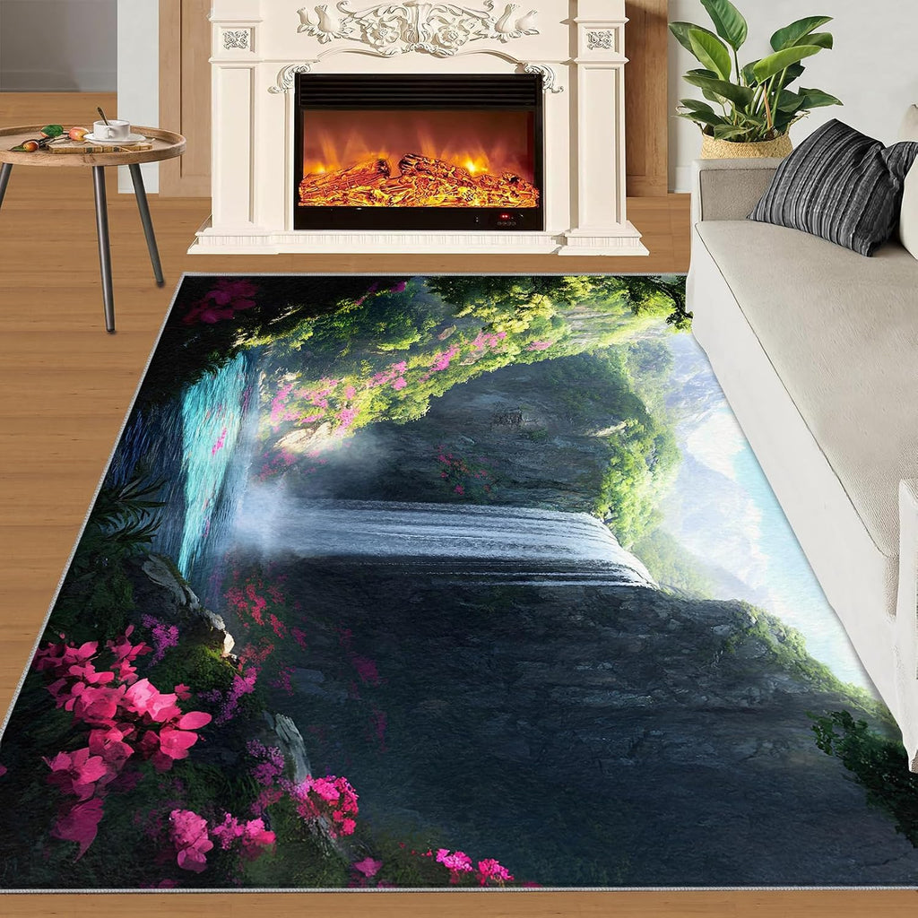 Nature Landscape Rug 6x8-6x8 Rug, Waterfall Area Rugs for Living Room, Natural Scenery Rugs for Bedroom, Mountain Non-Slip Mat, Landscape Home Decor & Gifts