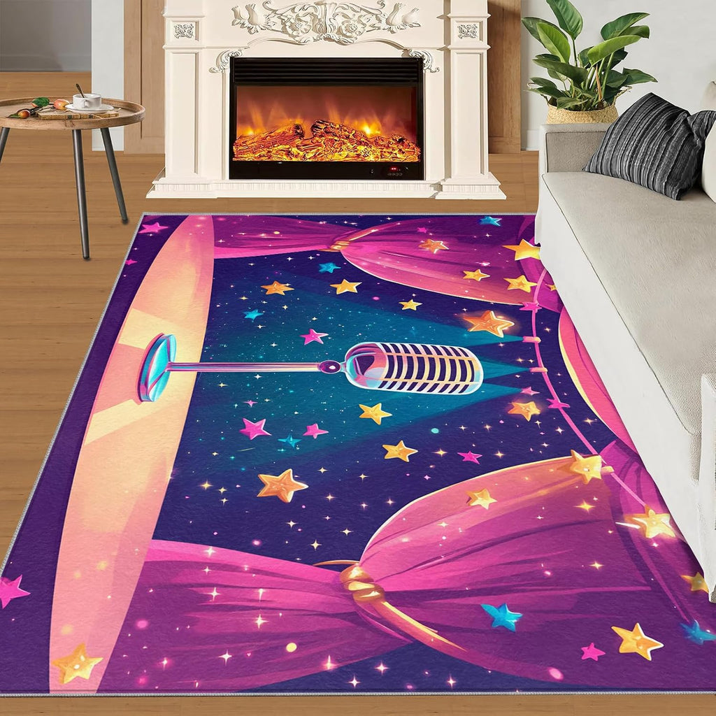 Microphone Rug for Bedroom 6x8 Rug Cartoon Music Rugs, Music Lover Home Decor, Non Slip Washable Large Rugs, Musical Instrument Carpet for Boys and Girls Teen Playroom