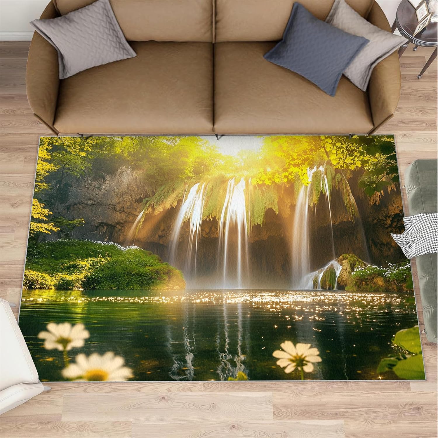 Natural Waterfall Rug - 6x8 Rug, Green Forest Area Rugs for Bedroom, Natural Scenery Rugs for Living Room, Landscape Washable Carpet, Waterfall Home Decor & Gifts