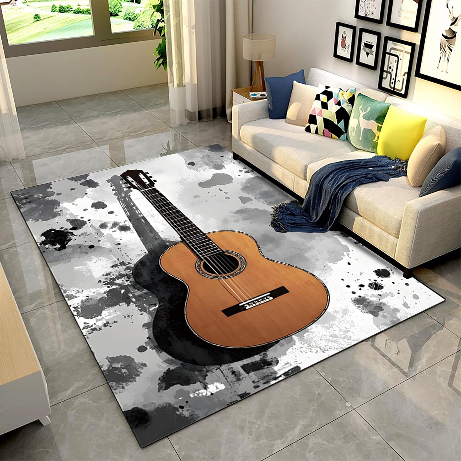Guitar Music Rug 5x8ft - Ink Printed Low Pile Foldable Carpet, Non-Slip Soft Rug for Bedside/Sofa/Indoor - Easy Clean Anti-Slip Home Decor Floor Mat