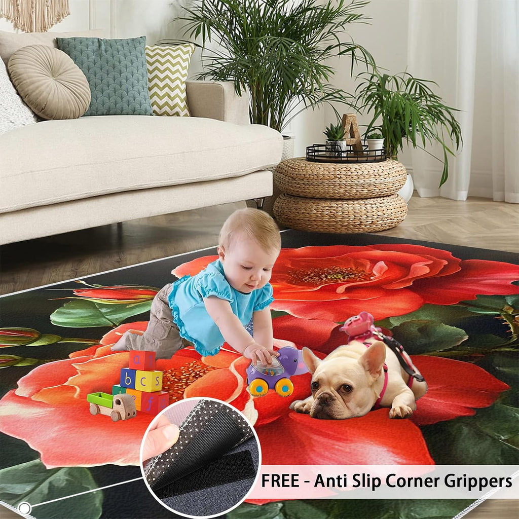 Floral Rugs for Bedroom - 6x8 Rug, Red Flower Area Rugs for Living Room, Flower Carpet, Black and Red Washable Area Mat, Aesthetic Carpet, Floral Home Decor & Gifts