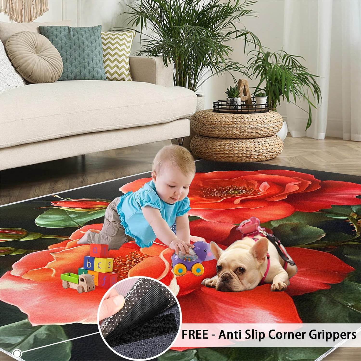 Floral Rugs for Bedroom - 6x8 Rug, Red Flower Area Rugs for Living Room, Flower Carpet, Black and Red Washable Area Mat, Aesthetic Carpet, Floral Home Decor & Gifts