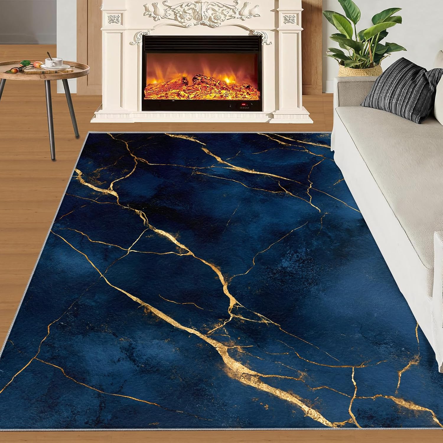 Blue Gold Marble Rug 6x8-6x8 Rug, Modern Art Area Rugs for Living Room Bedroom, Abstract Area Carpet, European Style Washable Carpet, Marble Home Decor & Gifts