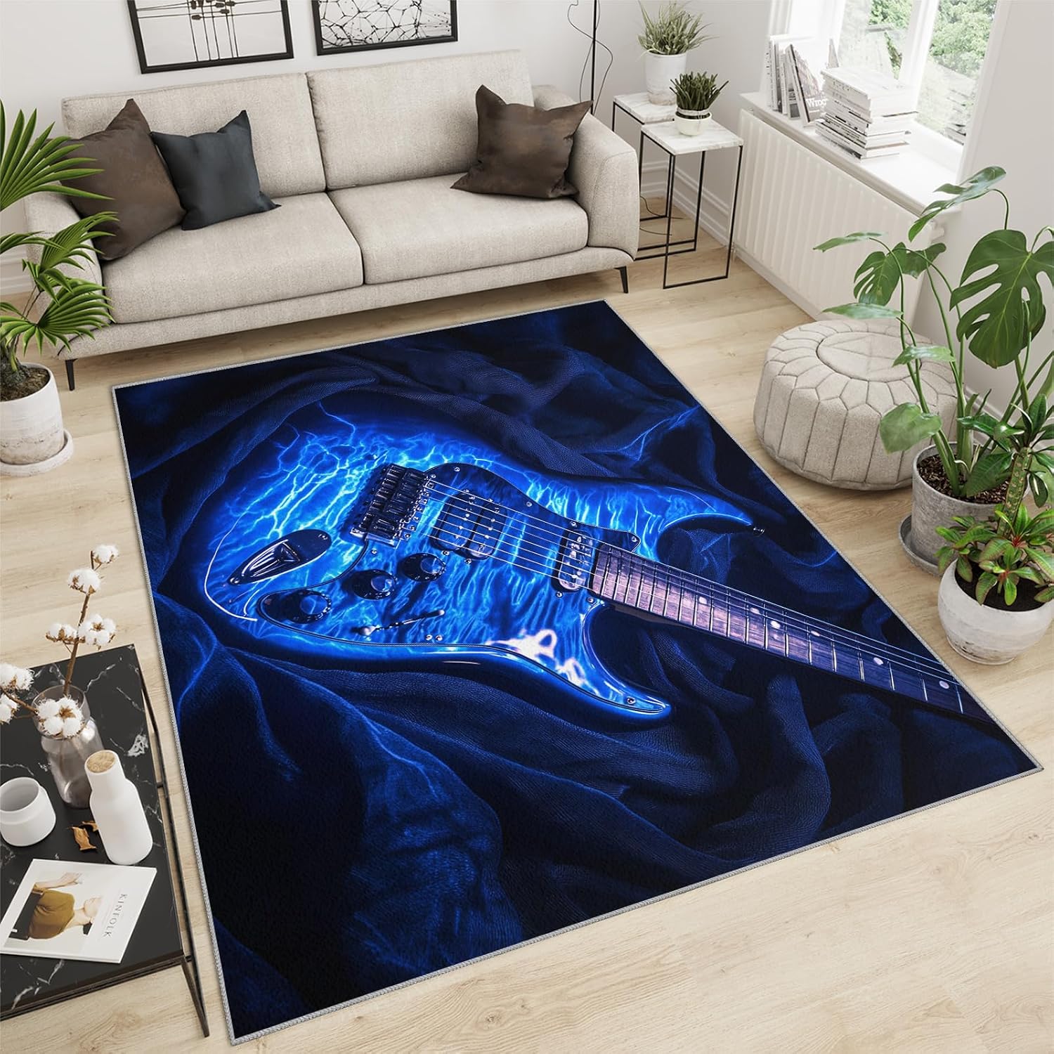 Guitar Rugs for Music Room - Boys Musical Rug, 6x8 Rug, Music Washable Rugs for Living Room Bedroom, Blue Area Rug, Rock and Roll Carpet - Home Decor, Electric Guitars Gifts for Men