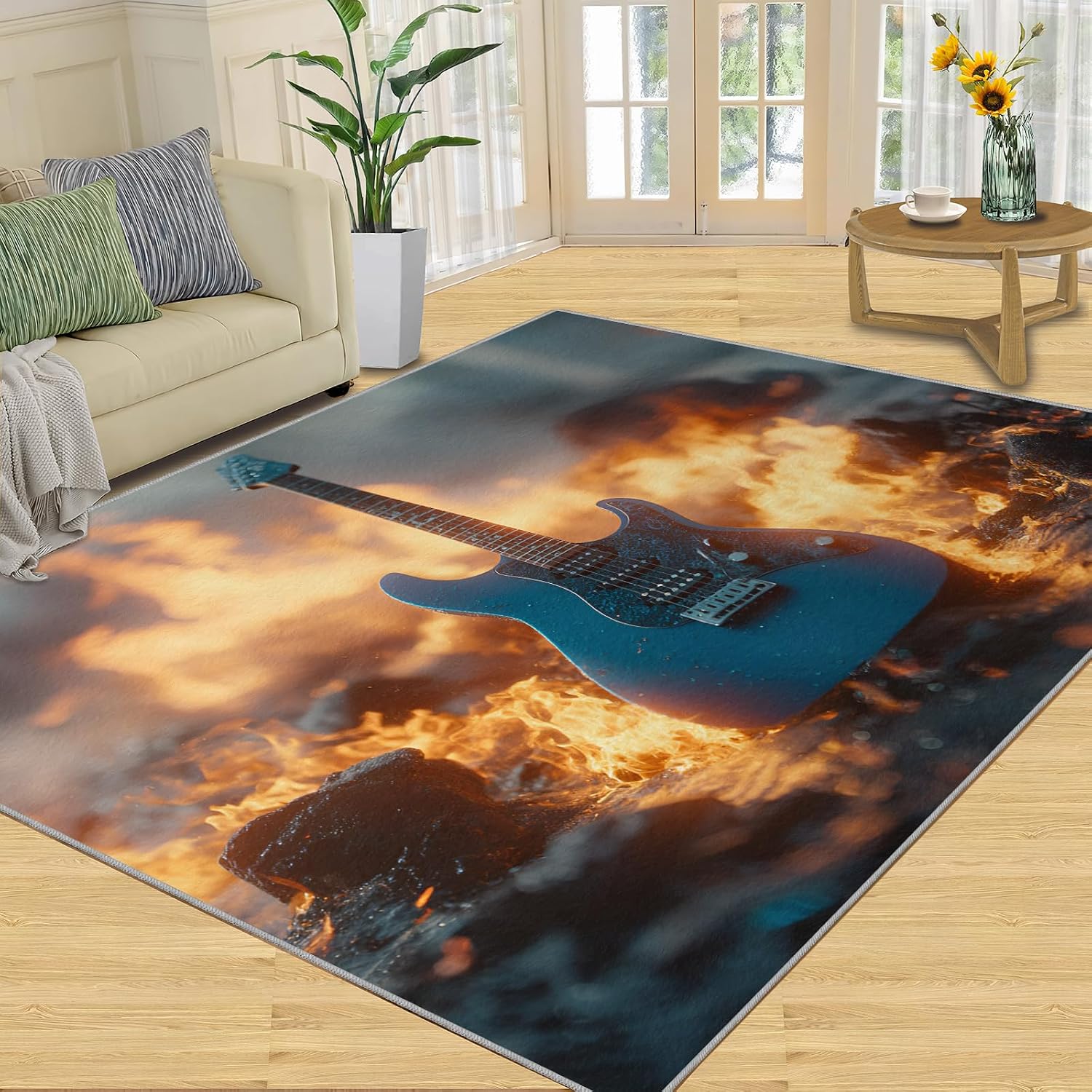 Guitar Rugs for Music Room - Boys Musical Rug, 6x8 Rug, Music Washable Rugs for Living Room Bedroom, Burning Area Rug, Rock and Roll Carpet - Home Decor, Electric Guitars Gifts for Men