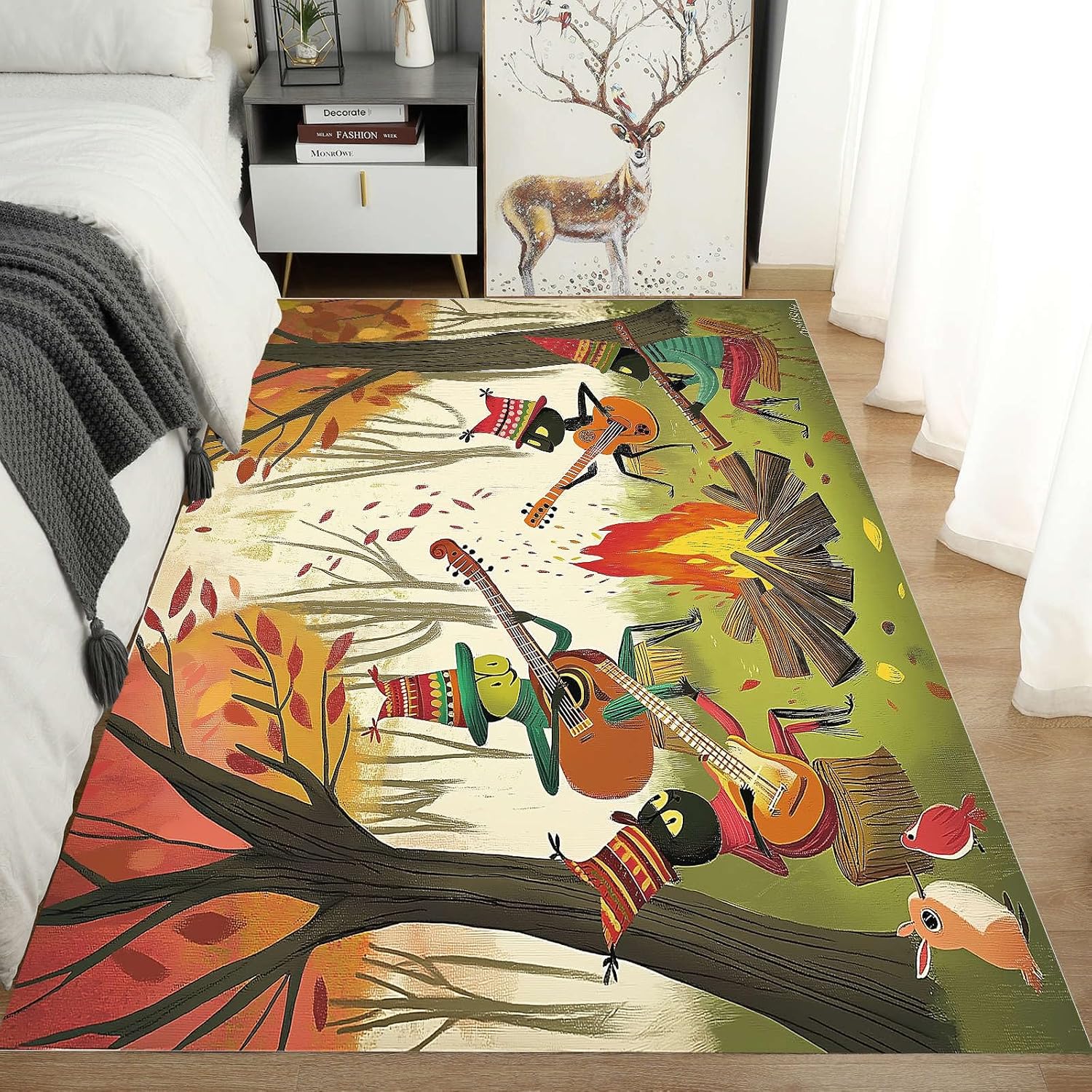 Anime Ants Large Area Rug 6x9ft Musical Instrument Guitar Washable Area Rugs for Living Room Green Bedroom Rug Decorative Carpet, for Dining Room Dormitory Washable Rugs