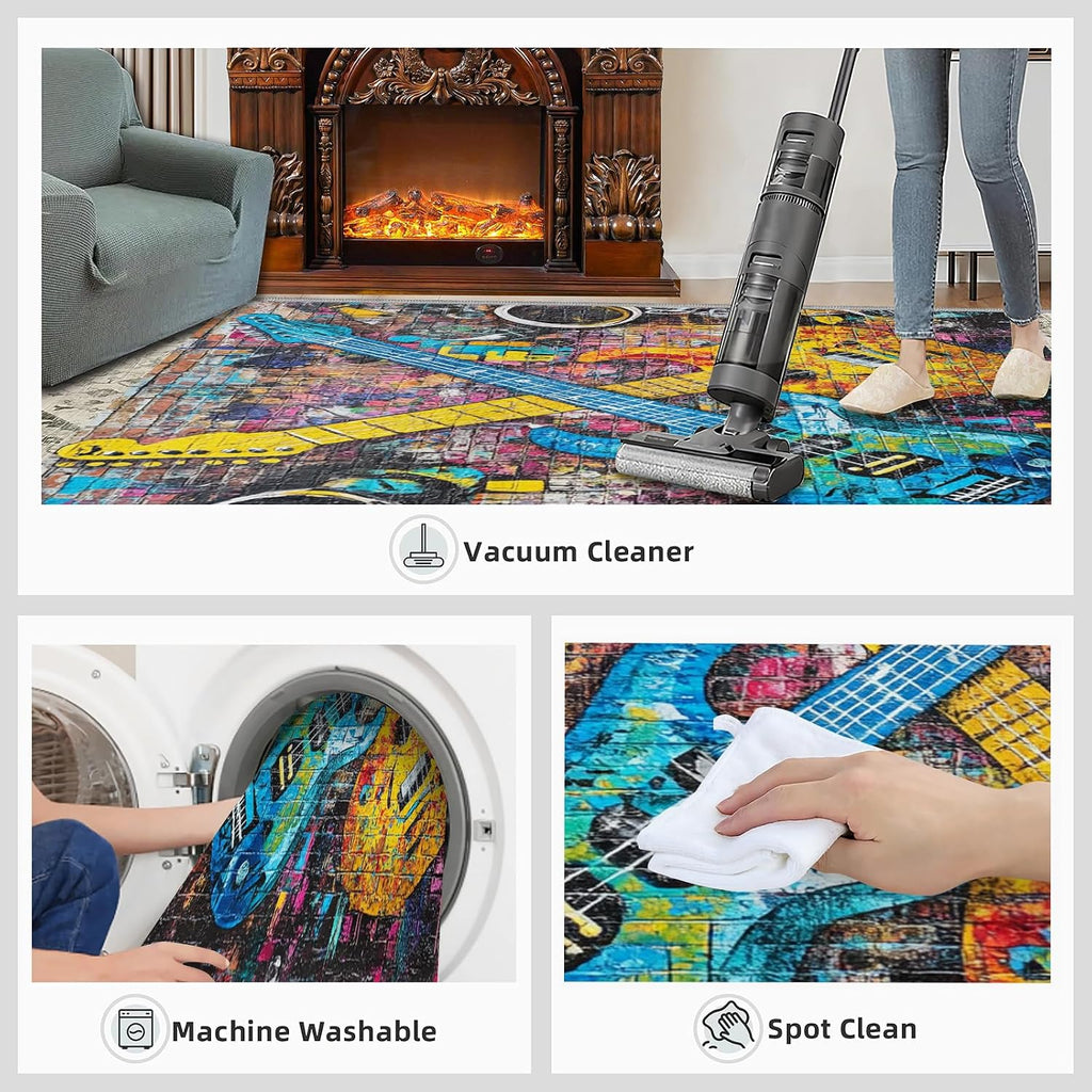 Guitar Rug & Home Decor - Graffiti Rugs for Living Room, Hip Hop Washable Rugs for Bedroom, Musical Carpet, Non Slip Indoor Guitar Area Rug & Music Room Decor 6x8 ft