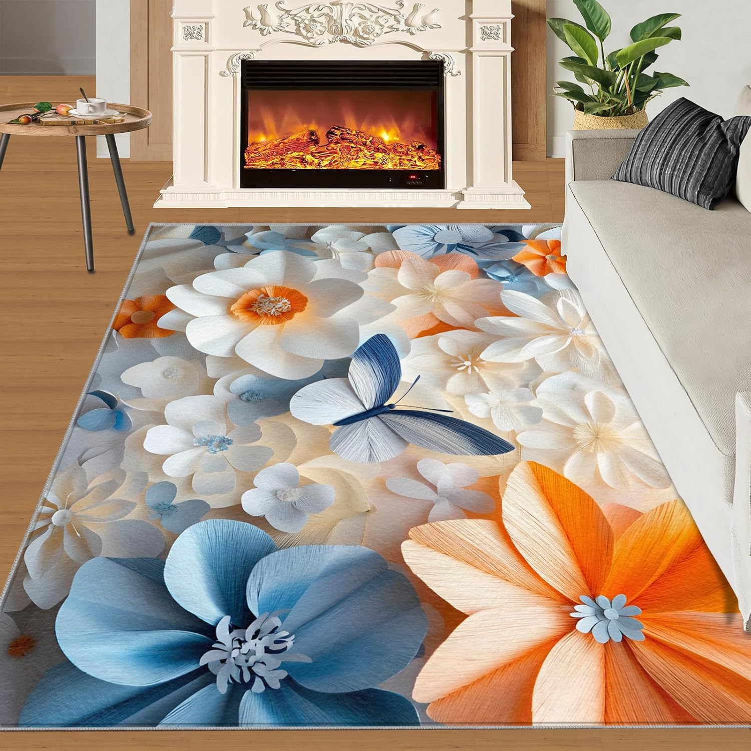 Flowers Rug 6x8, Butterfly Rugs for Bedroom, Relief Flowers Rugs for Living Room, Washable Area Rug for Boys Girls Room, Non Slip & Low Pile Carpet