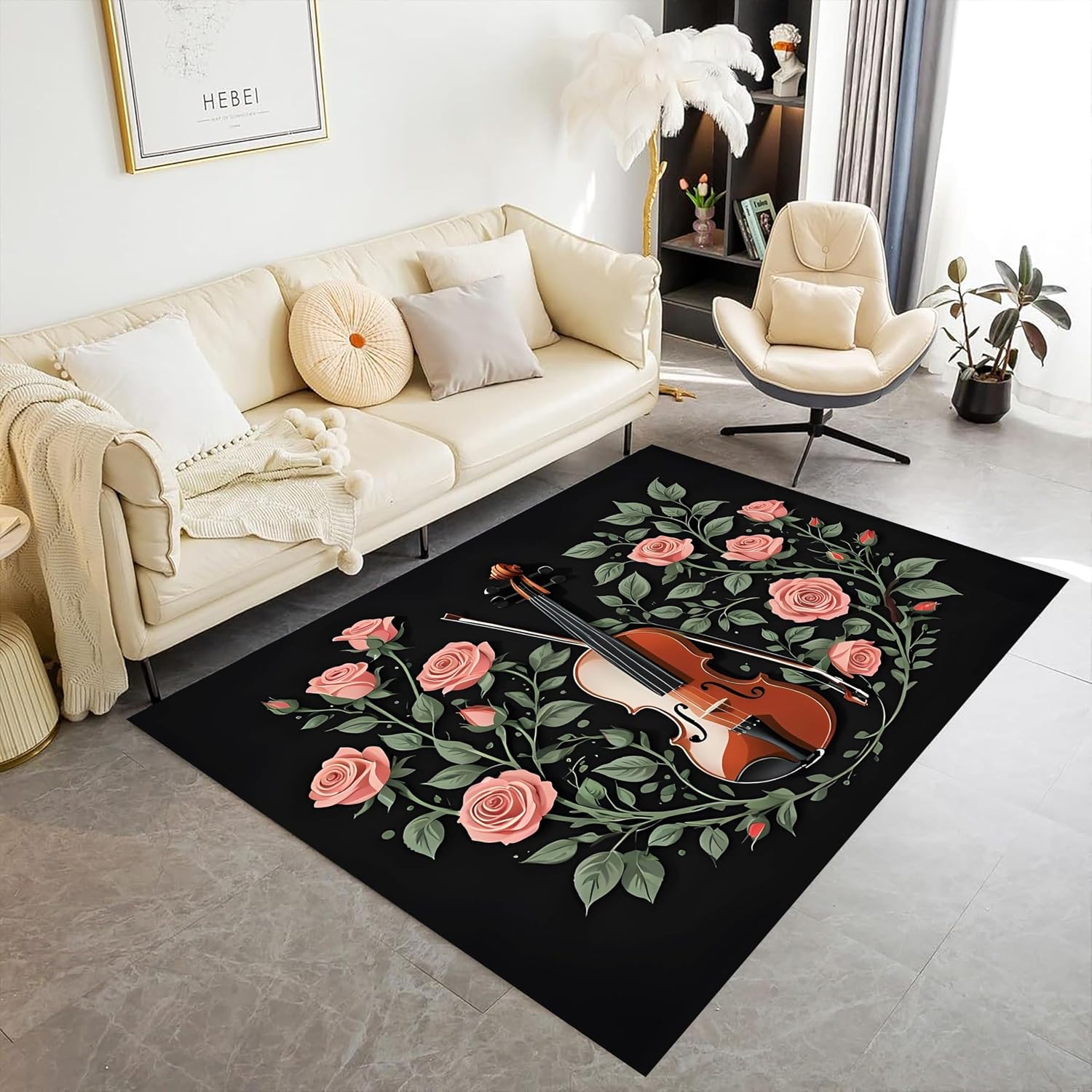 Black Area Rug，6x8ft Rose Flower Violin Music Note Area Rug，Simple Retro Music Lover Non-Slip Indoor Carpet，Kitchen Welcoming Entrance Home Decor Large Carpet Washable Floor Mats