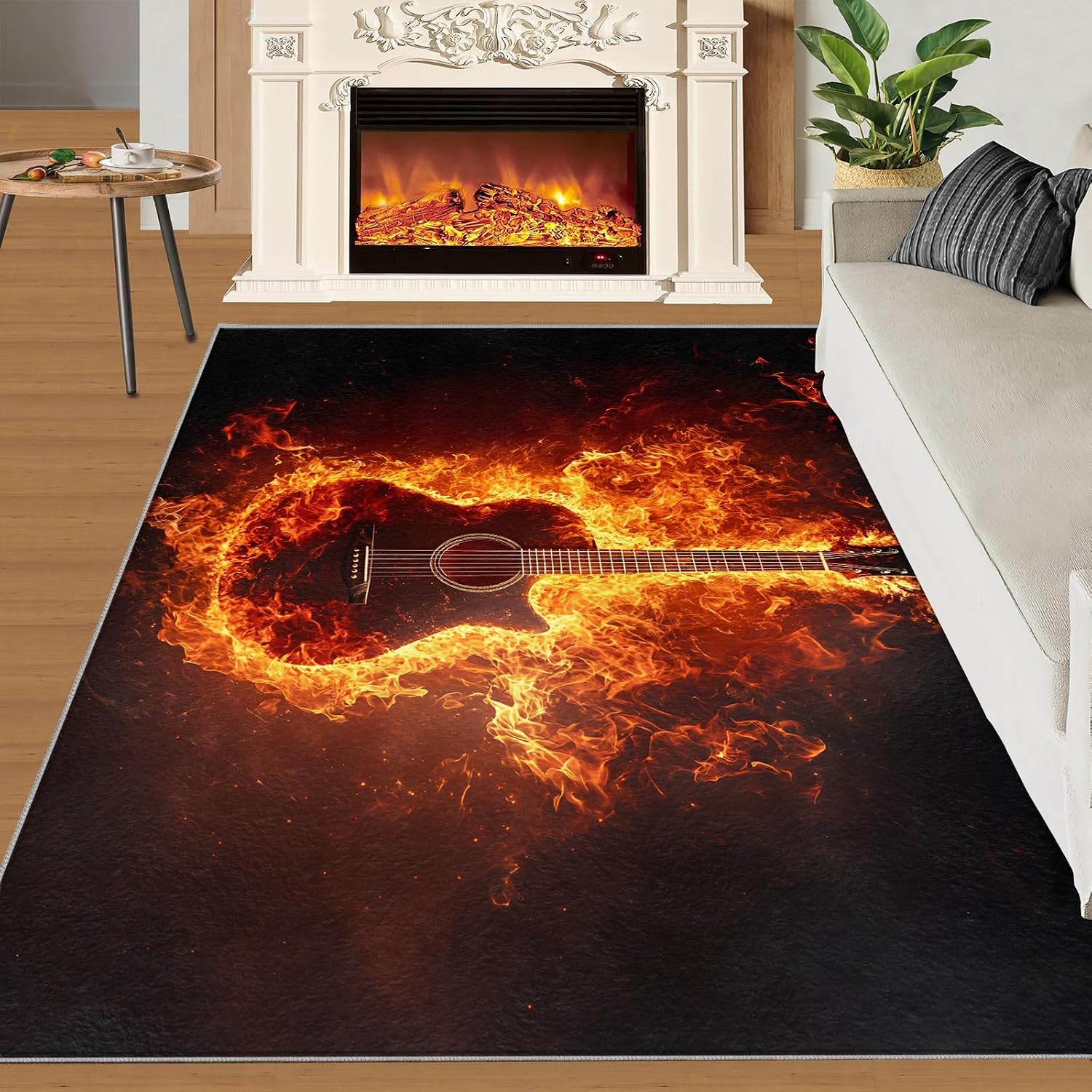 Guitar Rug 5x6, Flame Guitar Rugs for Living Room, Music Rugs for Bedroom, Low Pile Washable Area Rug, Non Slip Carpet for Hardwood Floors