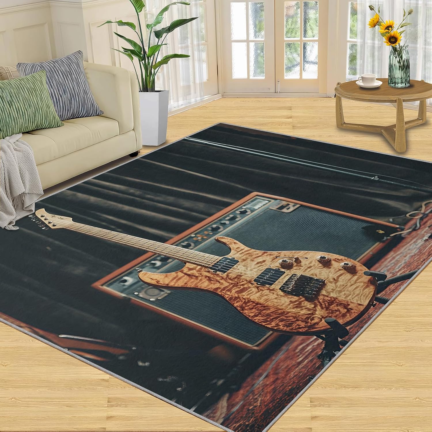 Guitar Rug - 7x10 Rugs for Living Room, Music Area Rug, Retro Guitar Washable Rugs for Bedroom, Non Slip Soft Rock and Roll Indoor Carpet - Home Decor, Music Lover Gifts for Boys