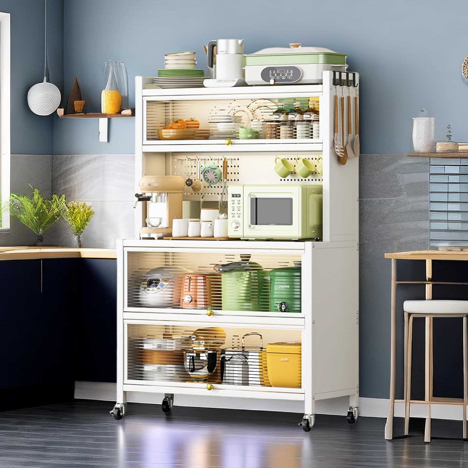 Metal Storage Shelves with Wheels, 5-Tier White Bakers Rack with Storage Cabinets & Drawers, Kitchen Baker's Rack Organizer with Lockable Doors, 360° Wheels for Pantry, Storage Room, Countertop, White