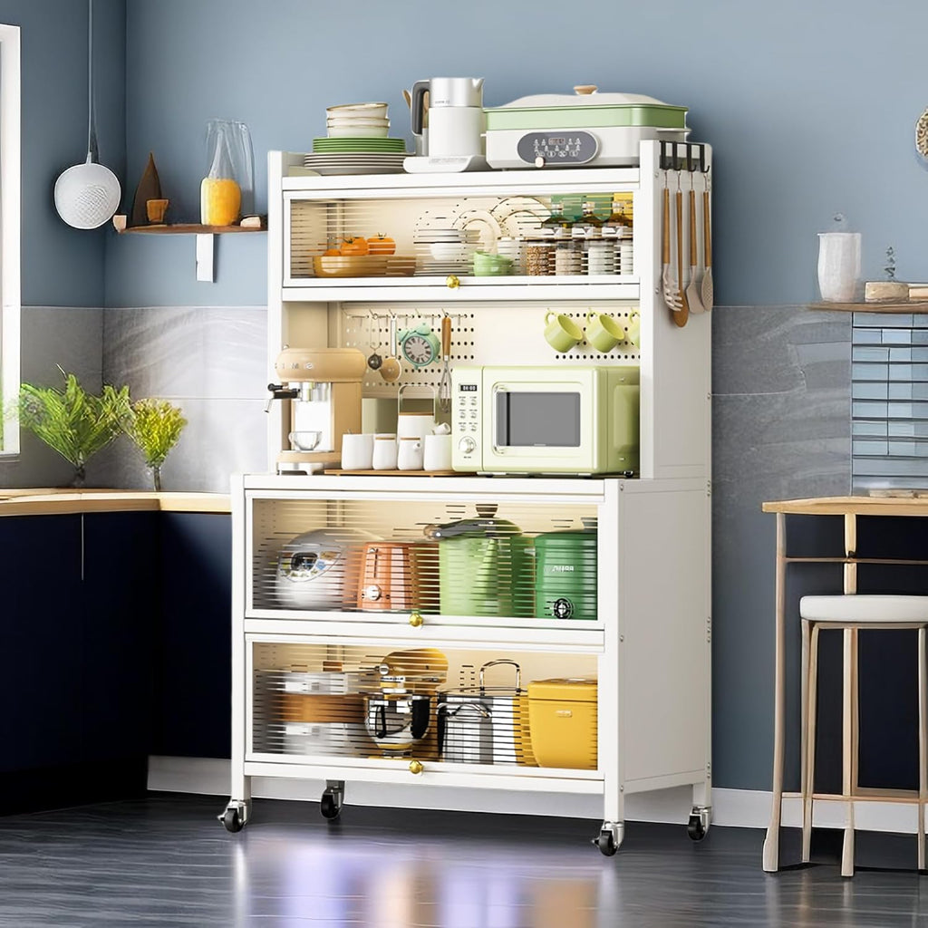 65'' Tall Kitchen Bakers Rack with Flip Door Cabinet, 5 Tier Multifunctional Microwave Stand Buffet, Coffee Bar, Kitchen Storage Cabinet Shelf, Quick Assembly, White